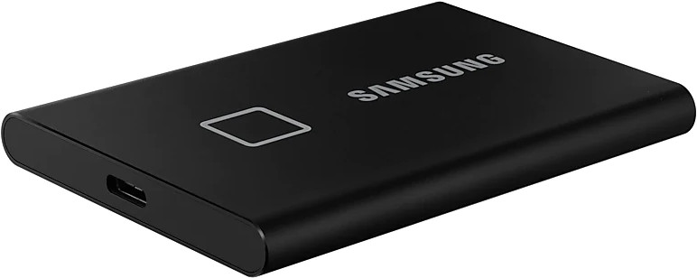 Egy fekete Samsung külső merevlemez, USB porttal és ujjlenyomat-érzékelővel.