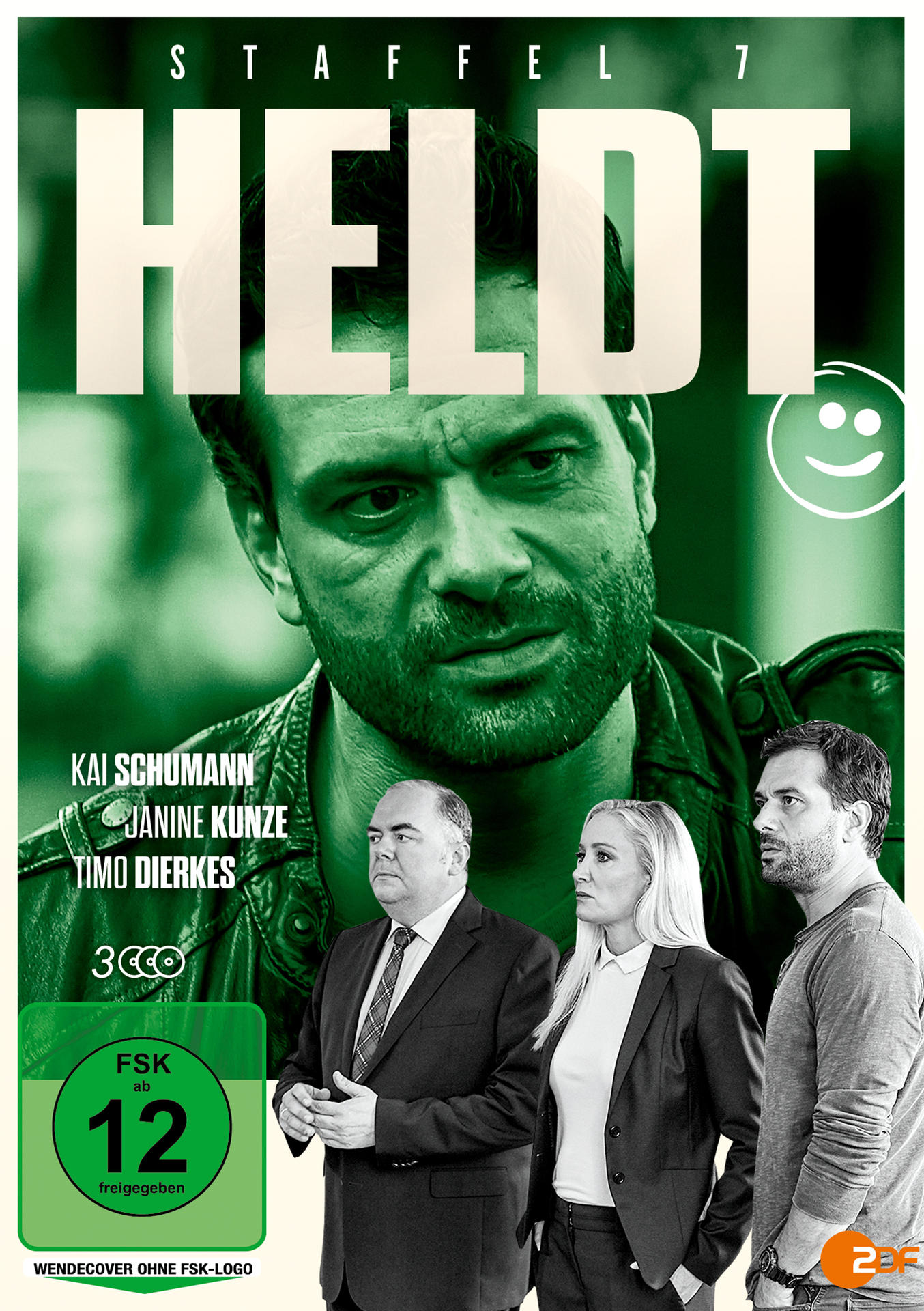 DVD-Cover für 'Heldt' Staffel 7. Drei Personen im Vordergrund, der Hauptdarsteller in der Mitte.