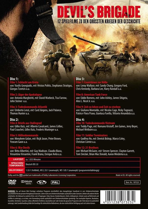 DVD-Cover für Devil's Brigade, mit Kriegsszenen und einer Filmliste.
