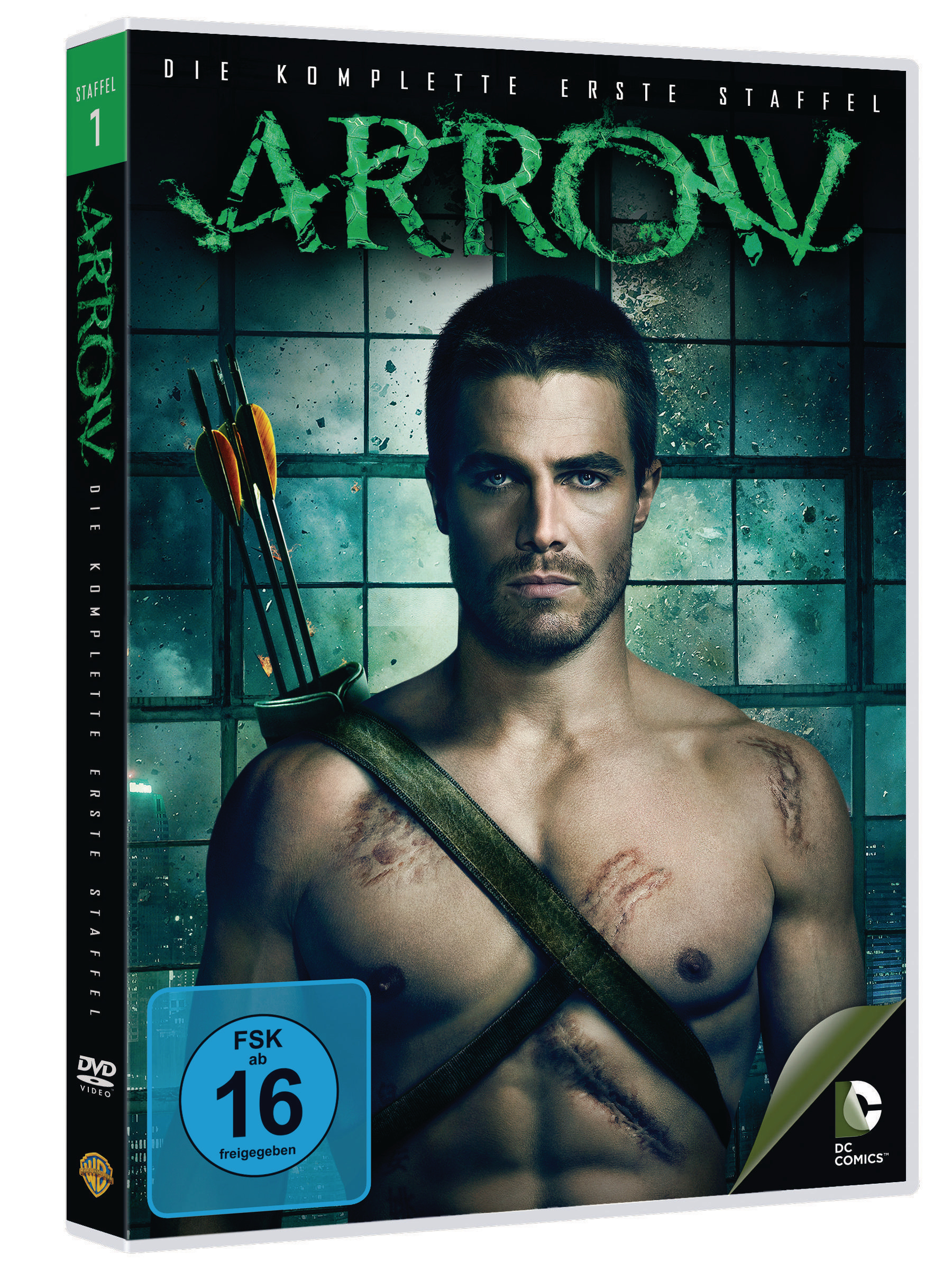 DVD-Cover der TV-Show Arrow, das einen Mann mit Pfeilen zeigt. Das Cover hat Text.