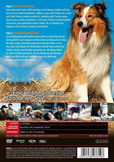 Film-Rückseite mit Text in mehreren Sprachen. Ein Hund sitzt im Gras.