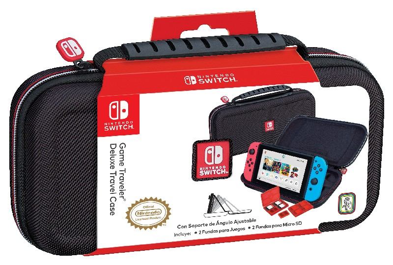 Funda de juego Nintendo Switch con accesorios. Estuche negro con detalles rojos.