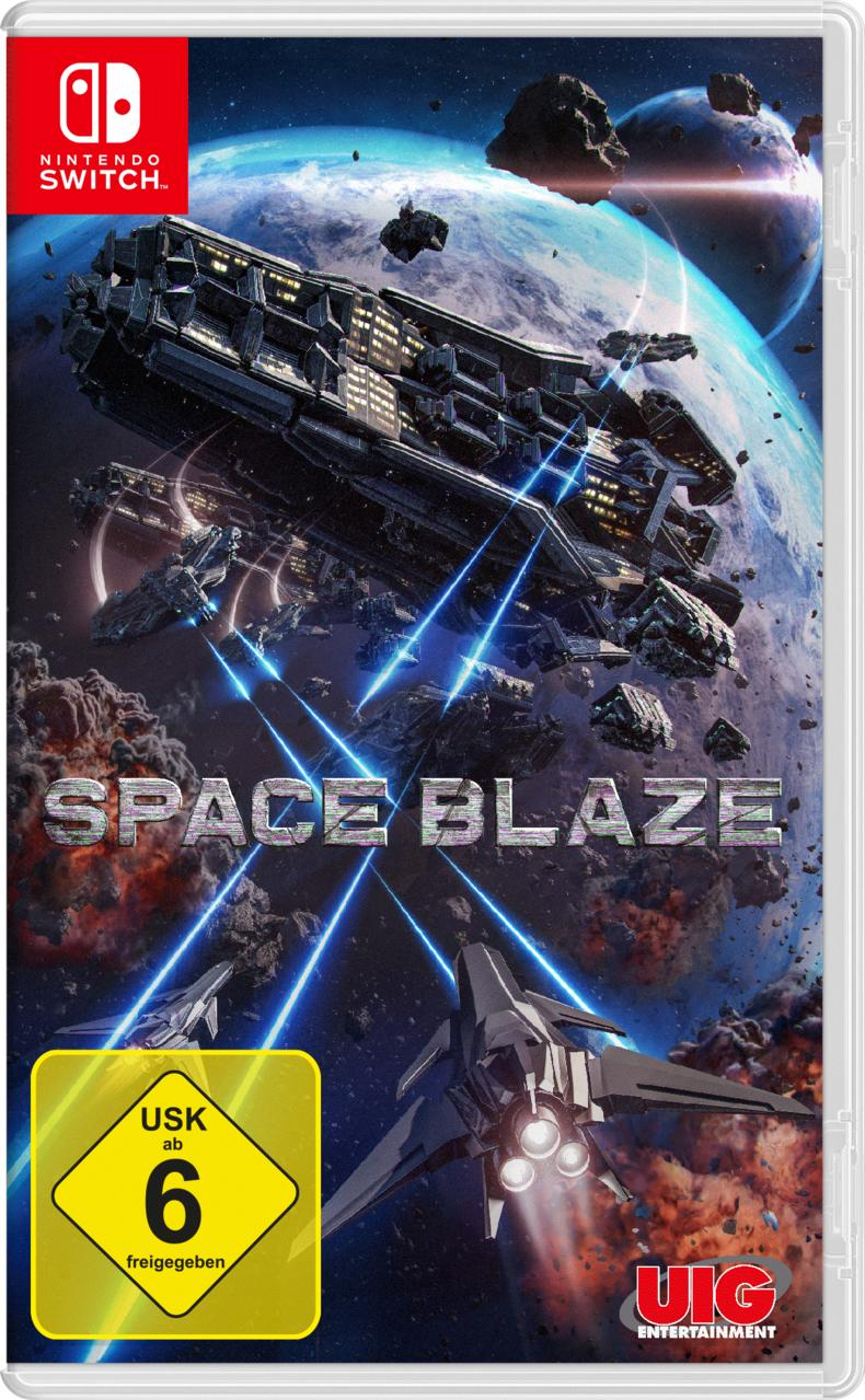Spielcover mit Raumschiff, Weltraumszene und Text 'Space Blaze' auf weißem Hintergrund.
