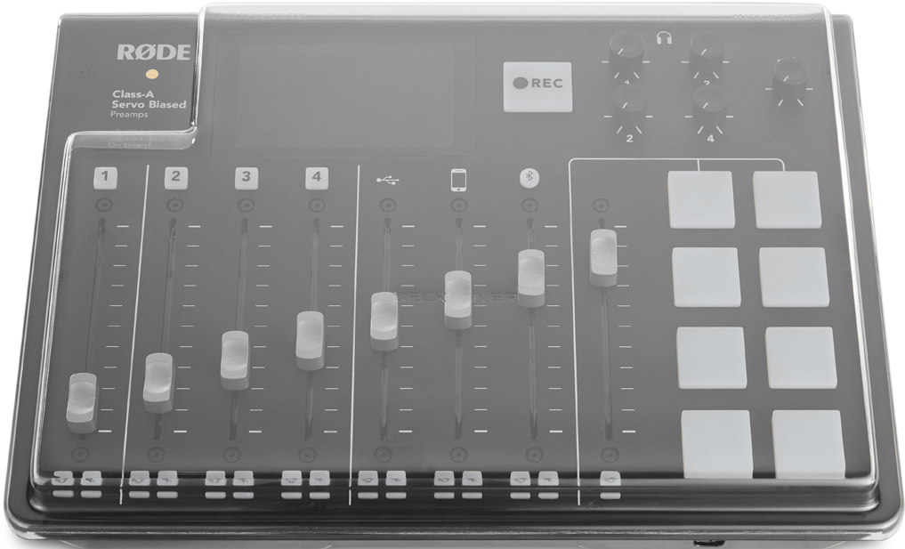 Ein schwarzer und grauer Audiomixer mit Fadern, Tasten und einer durchsichtigen Abdeckung.