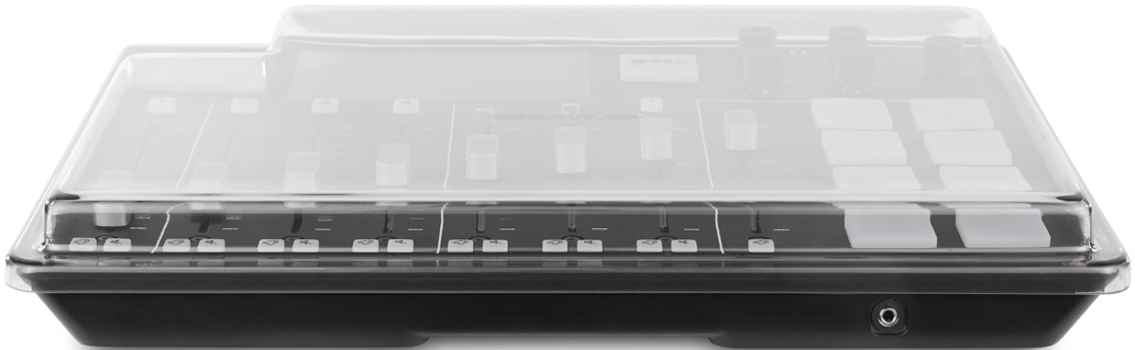 Schwarzer und silberner digitaler Audio-Workstation-Controller mit Abdeckung.