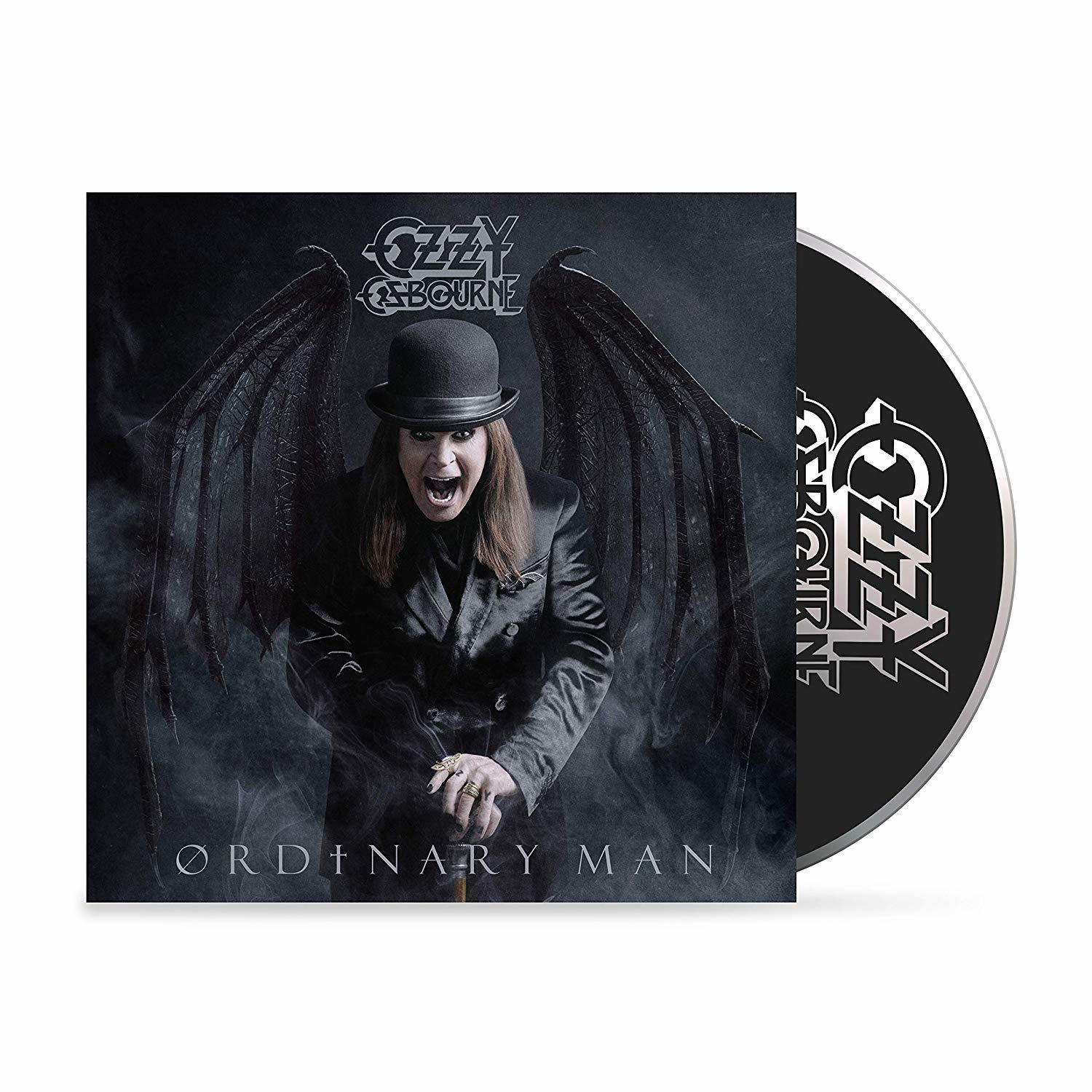 Ozzy Osbourne album borítója, arc, szárnyak, cilinder, sötét színek és az 'Ordinary Man' felirat.