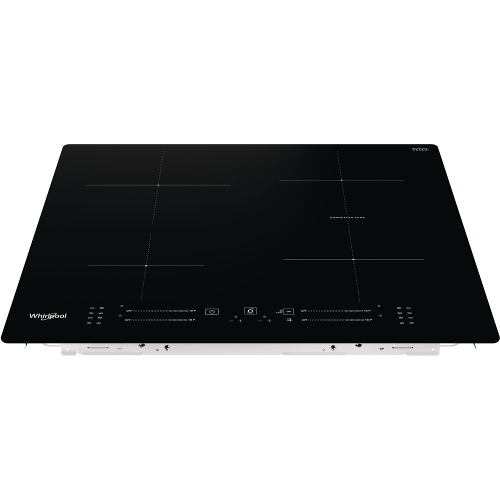 Une table de cuisson à induction Whirlpool noire avec quatre brûleurs et des commandes tactiles.