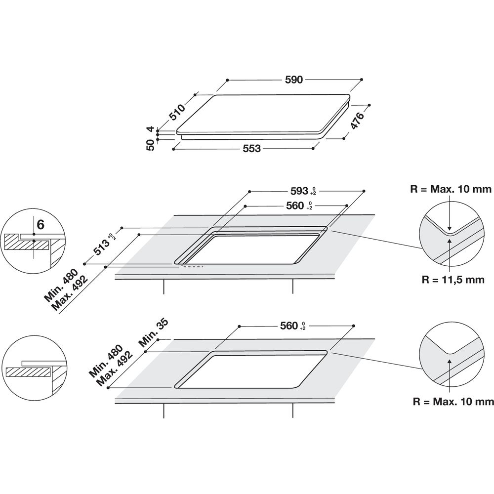 Dessin technique d'une table de cuisson encastrée avec dimensions et détails.