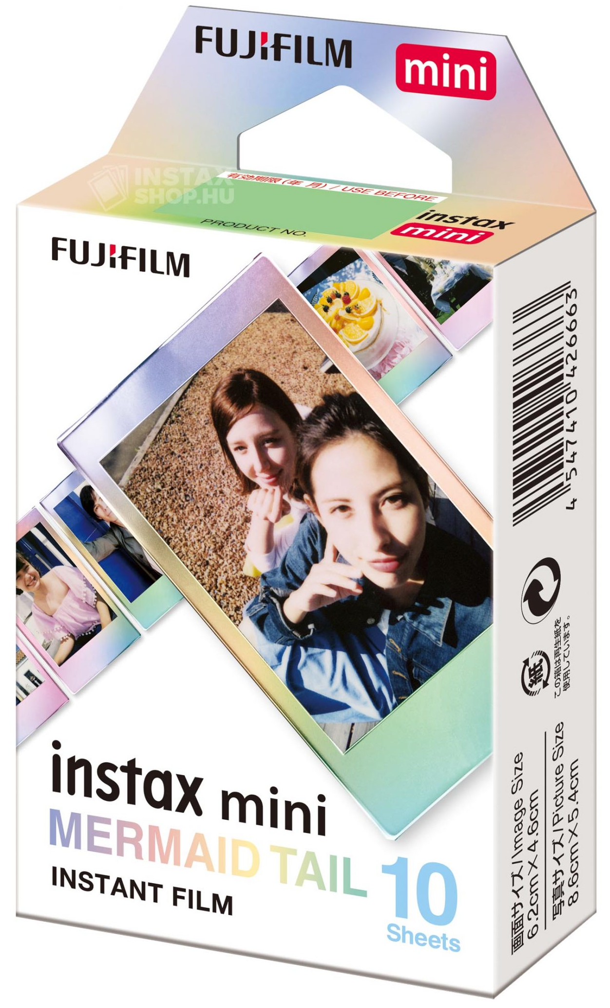 Fujifilm instax mini instant film doboza, emberek fotóival, fehér háttérrel.
