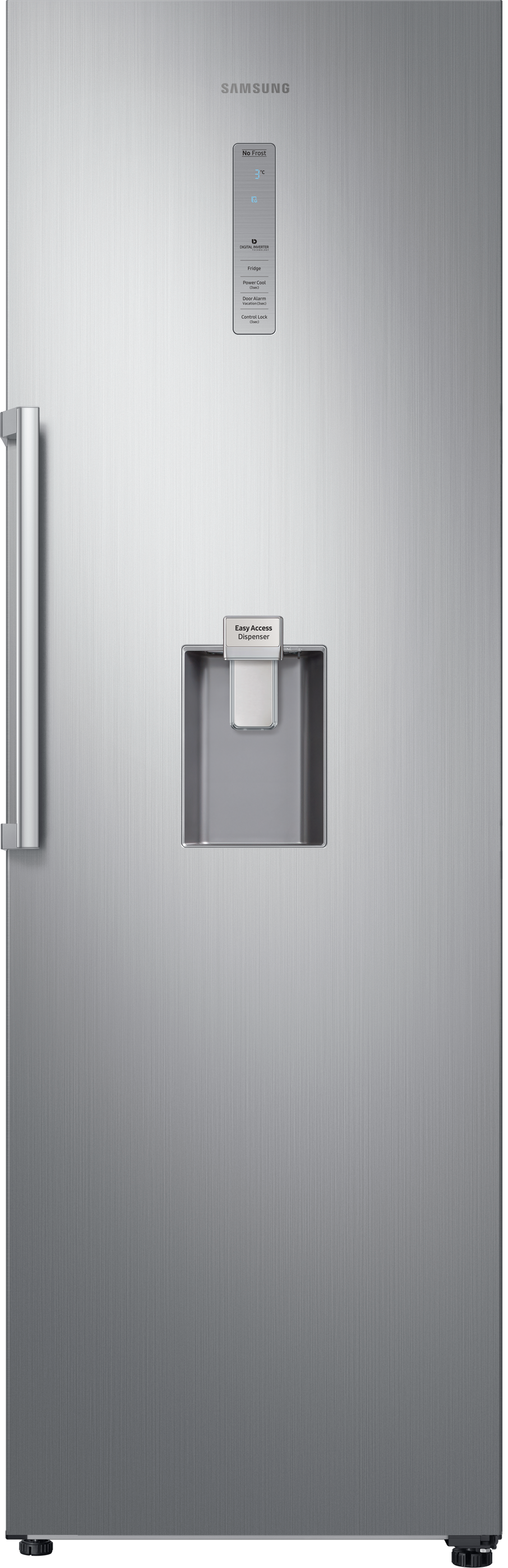 Silberner Samsung Kühlschrank mit Griff, Wasserspender und Bedienfeld.