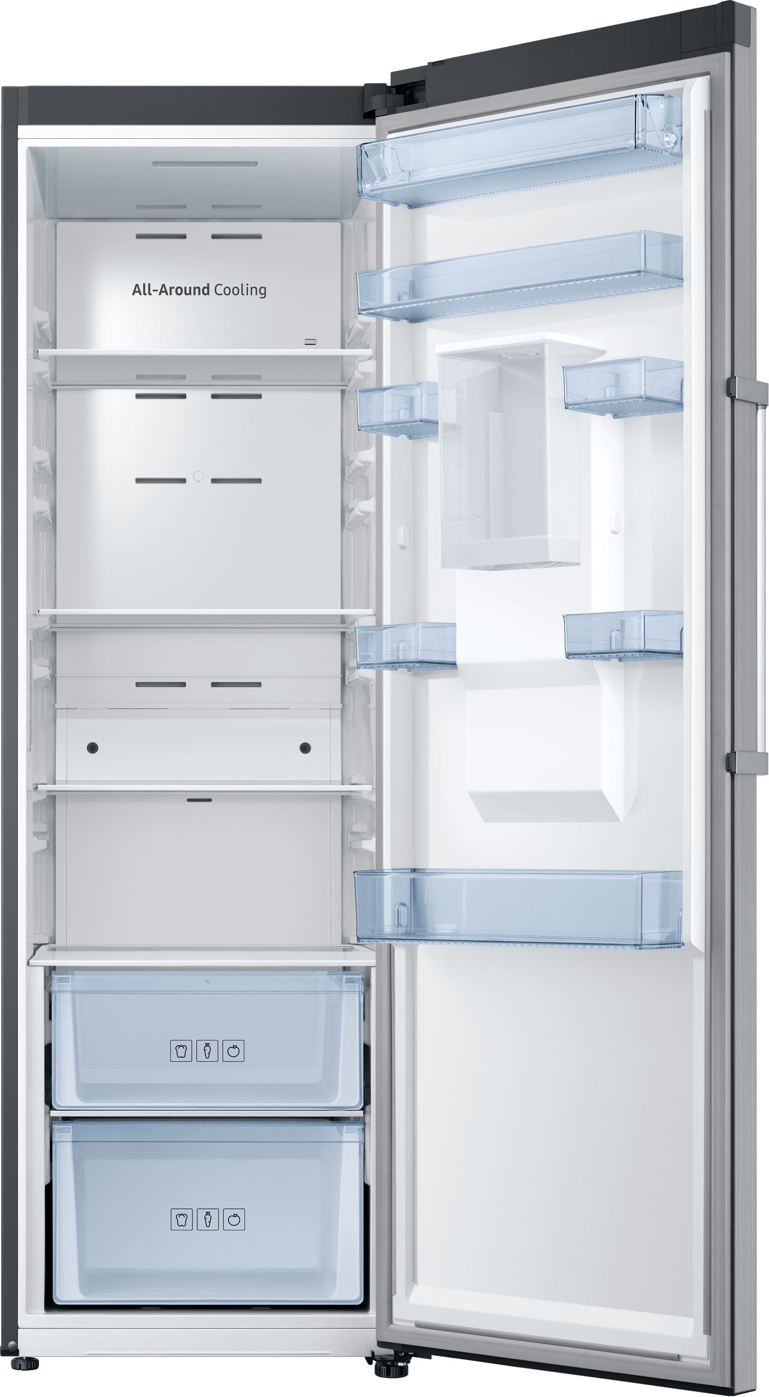Offener Kühlschrank aus Edelstahl mit Regalen, Schubladen und Staufächern.