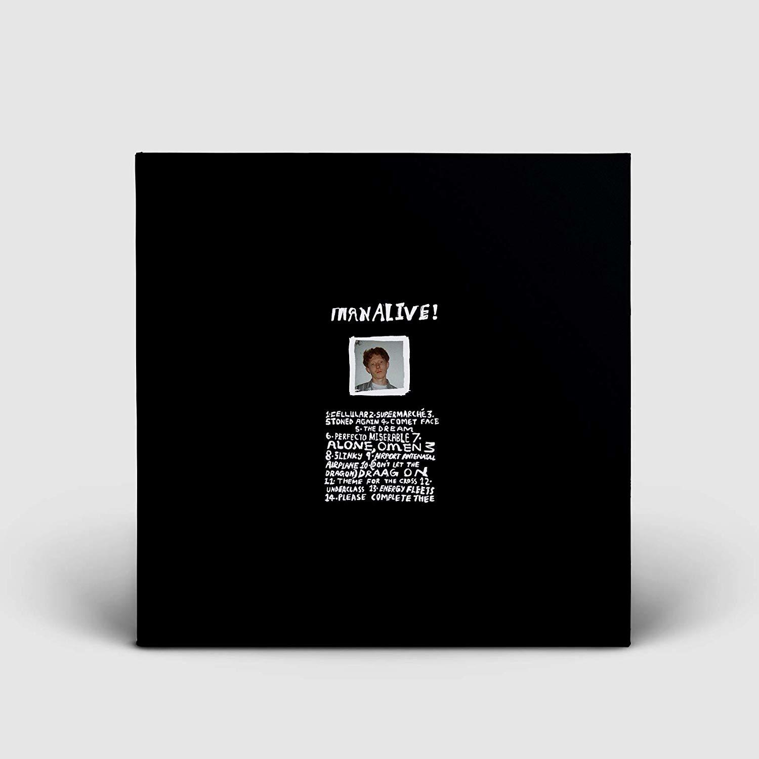 Schwarzes Albumcover mit Text 'MANALIVE!' und einem kleinen Foto.