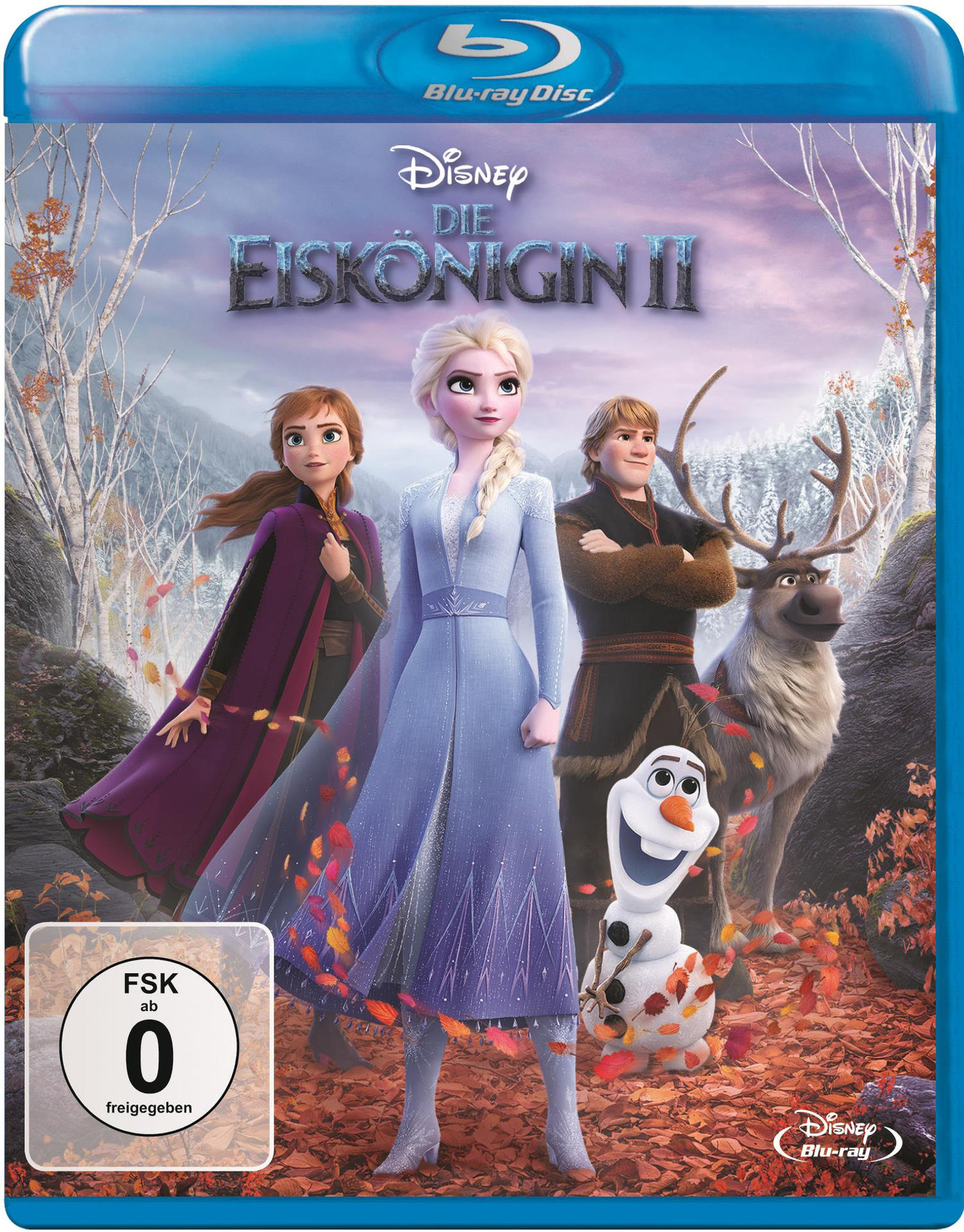 Frozen 2 Filmcover mit Elsa, Anna, Kristoff, Olaf und einem Rentier in einem Wald.