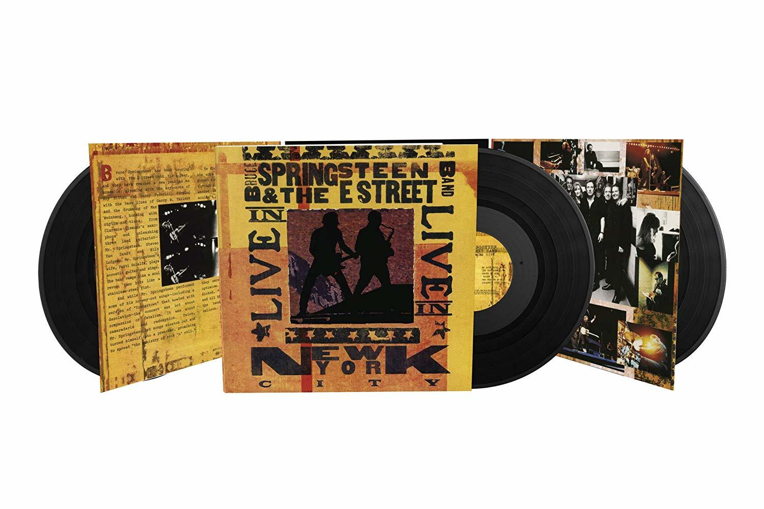 Schallplatten in Hüllen mit einem Foto von Bruce Springsteen und der E Street Band.