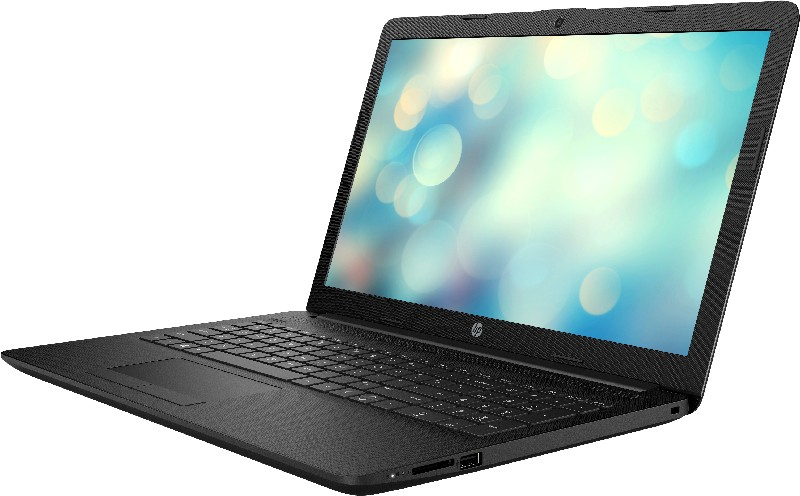 Portátil HP negro, abierto, teclado visible. Pantalla muestra un fondo borroso y colorido.