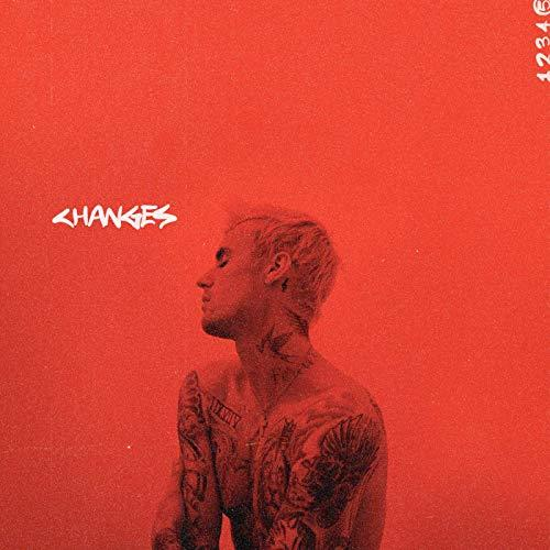 Pochette d'album de Justin Bieber en rouge avec le mot CHANGES. Chiffres en haut.