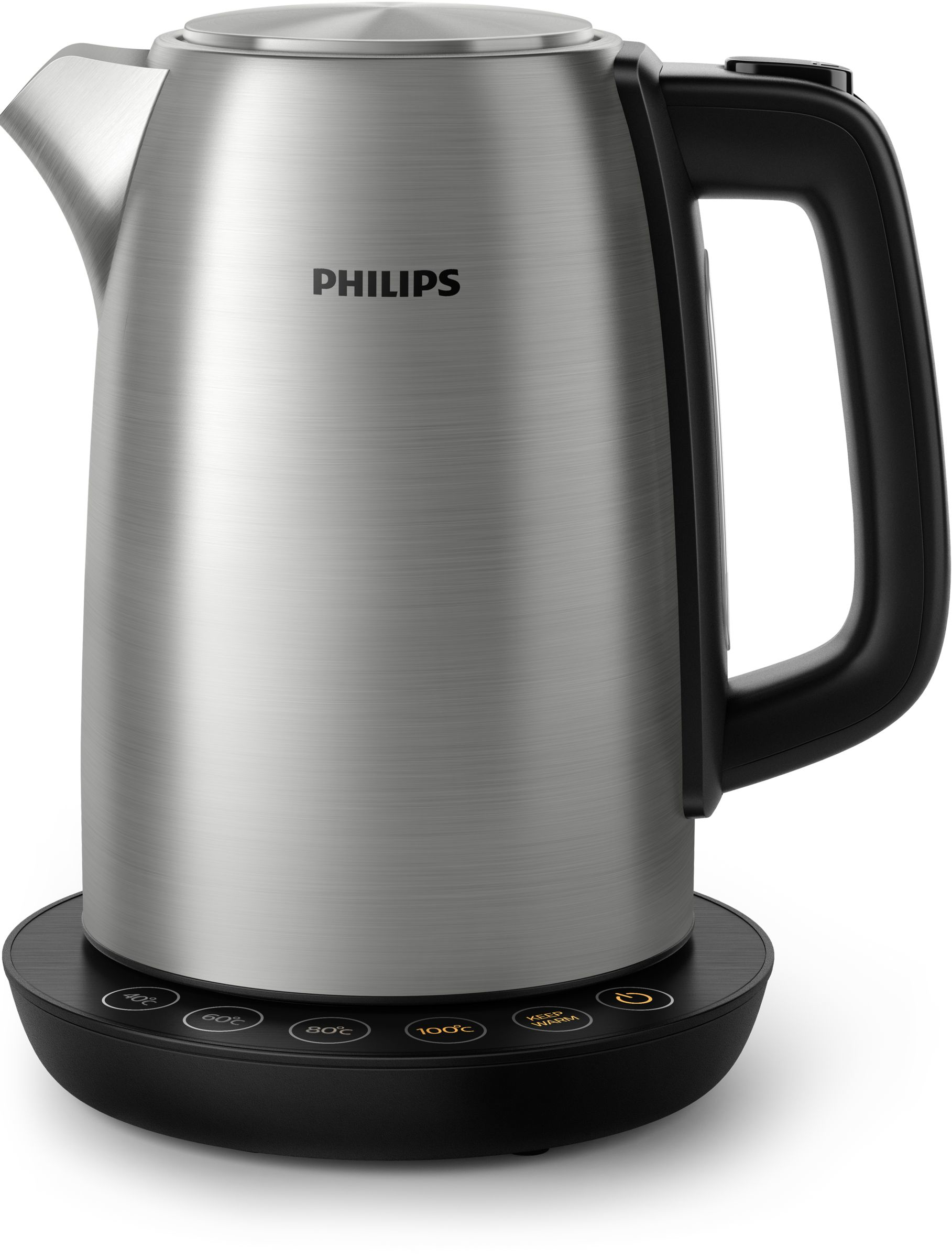 Elektrischer Wasserkocher von Philips aus Edelstahl auf schwarzer Basis mit Knöpfen.