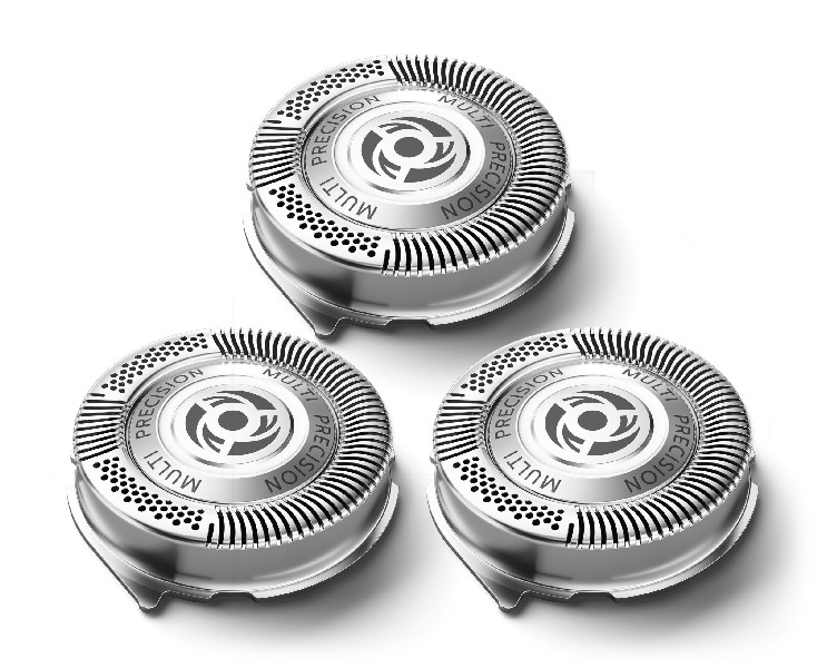 Tres cabezales de afeitadora Philips plateados con la inscripción 'PRECISION MULTI', en blanco.