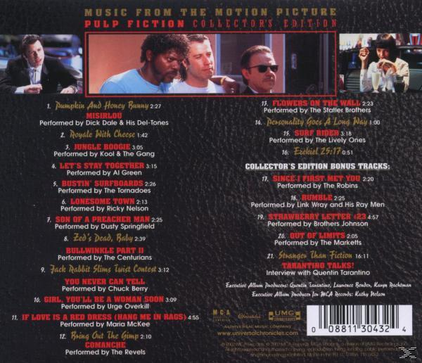 Pulp Fiction CD-borító színészekkel, számlistával és filmkockákkal. Fekete háttér, fehér és piros szöveg.