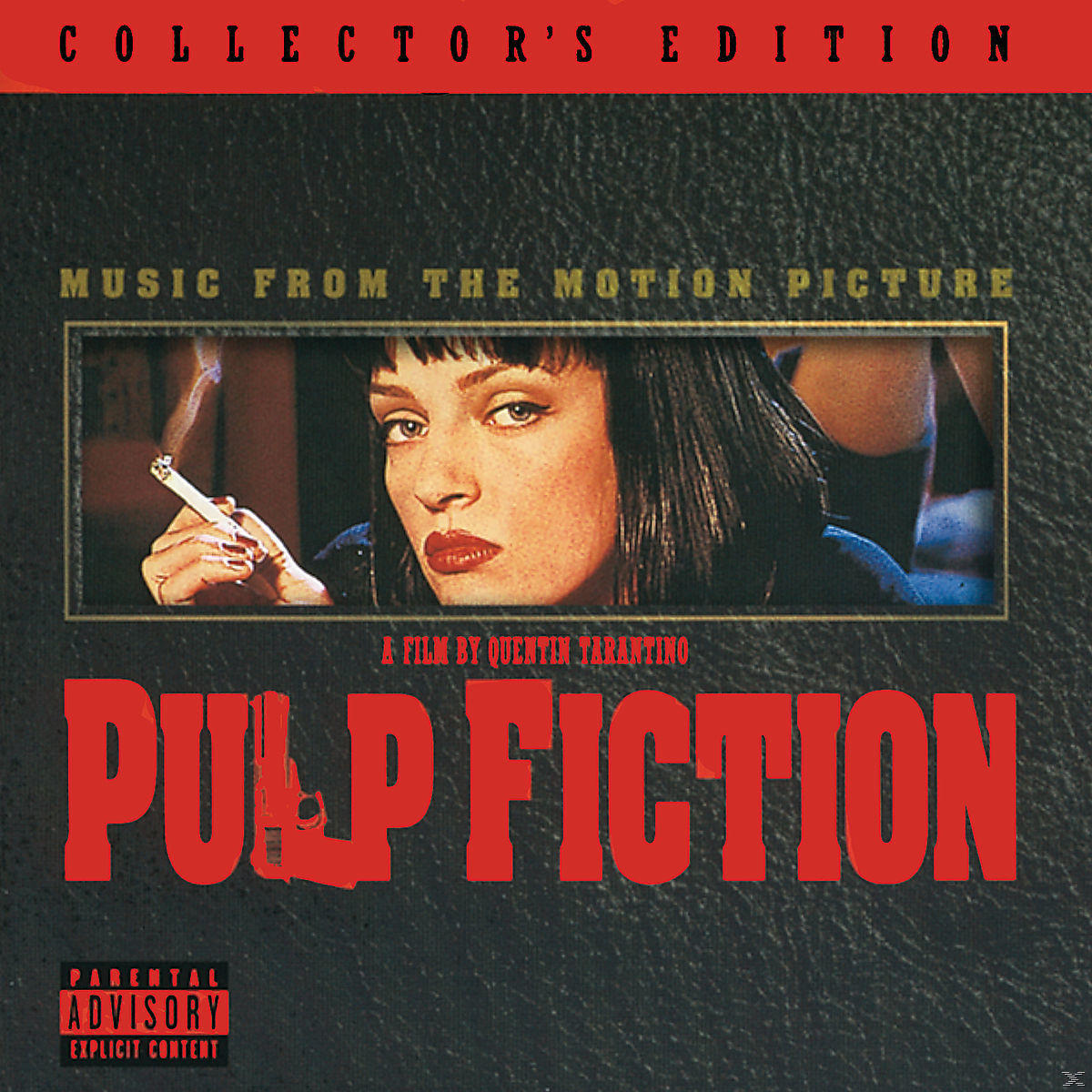 Pulp Fiction album borító. Mia Wallace cigarettával, piros cím. Szülői felügyelet ajánlott. Gyűjtői kiadás.