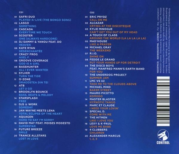 Eine CD mit Titelliste und einem Kontrolllogo. Enthält zwei CDs mit blauem und weißem Hintergrund.