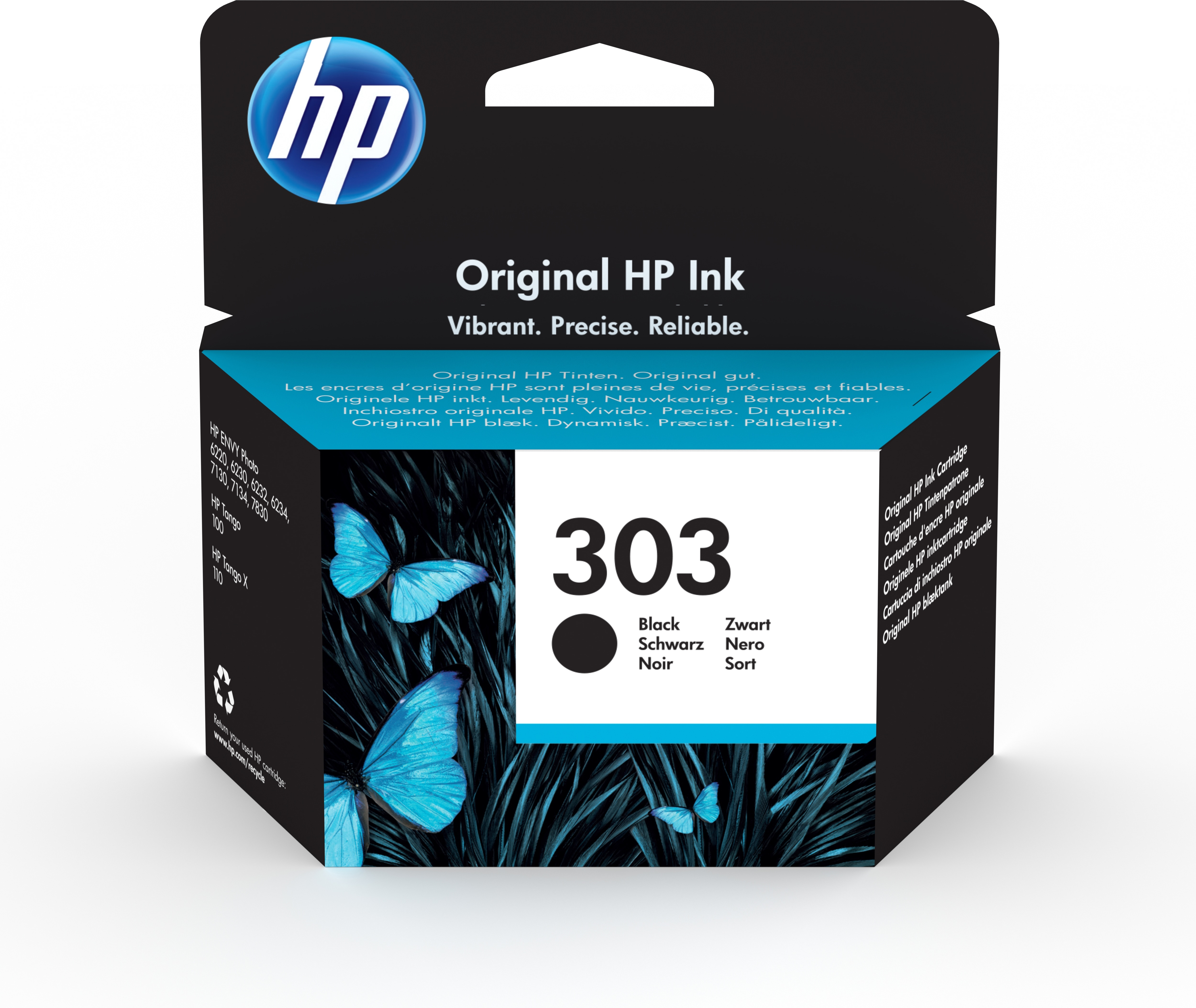 Cartucho de tinta negro HP 303 con mariposas, texto: Original HP Ink.