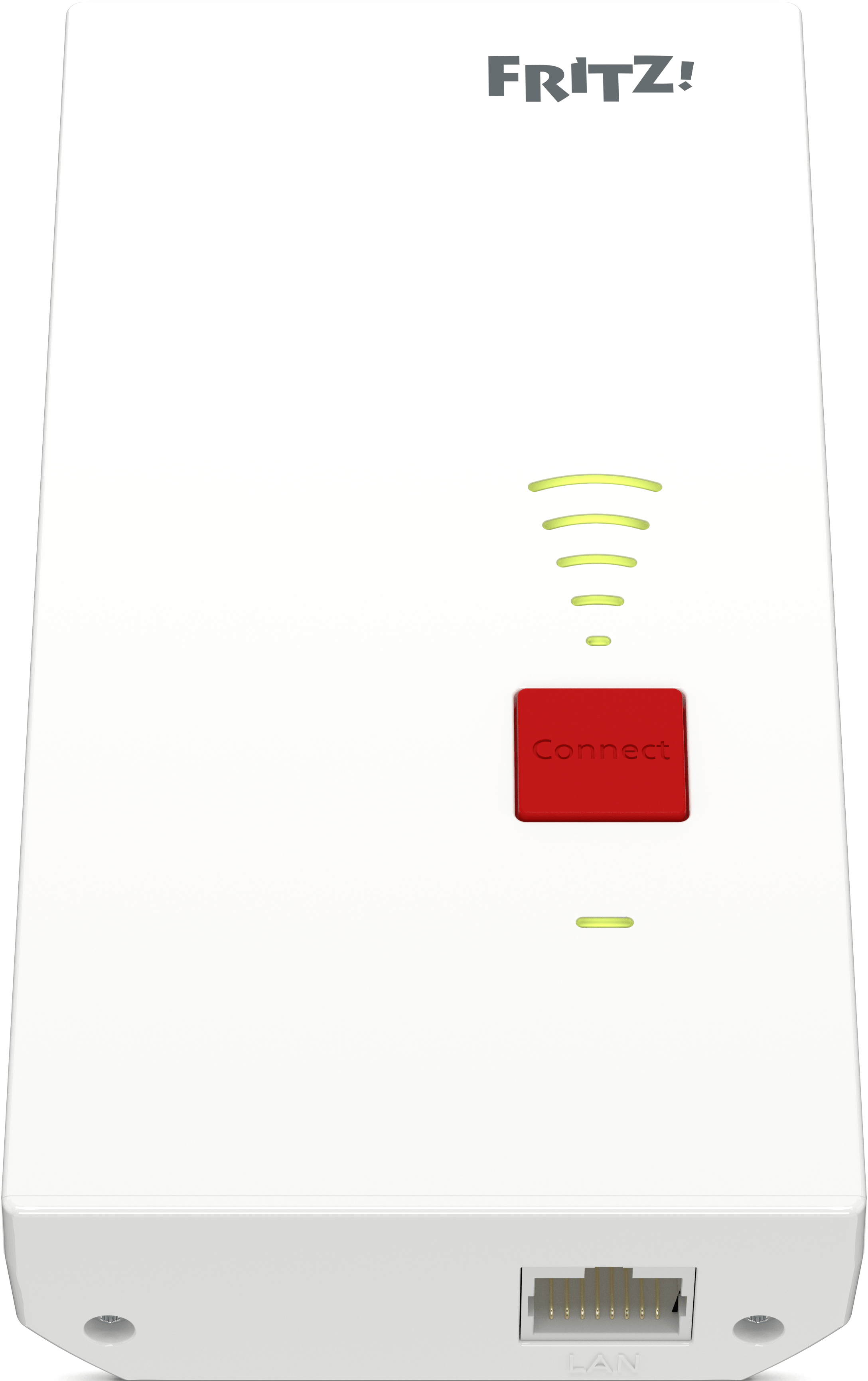 Répéteur WiFi blanc avec bouton de connexion rouge, trois lumières vertes et port LAN.
