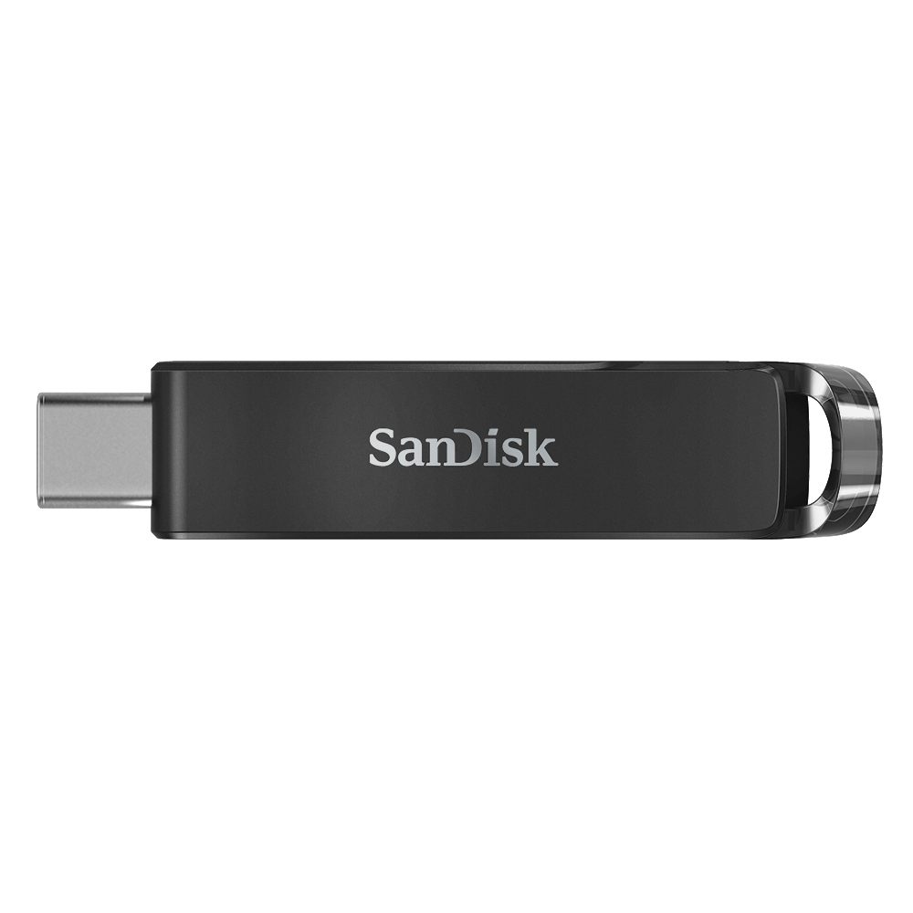 Schwarzer USB-C-Flash-Laufwerk mit 'SanDisk'-Logo.