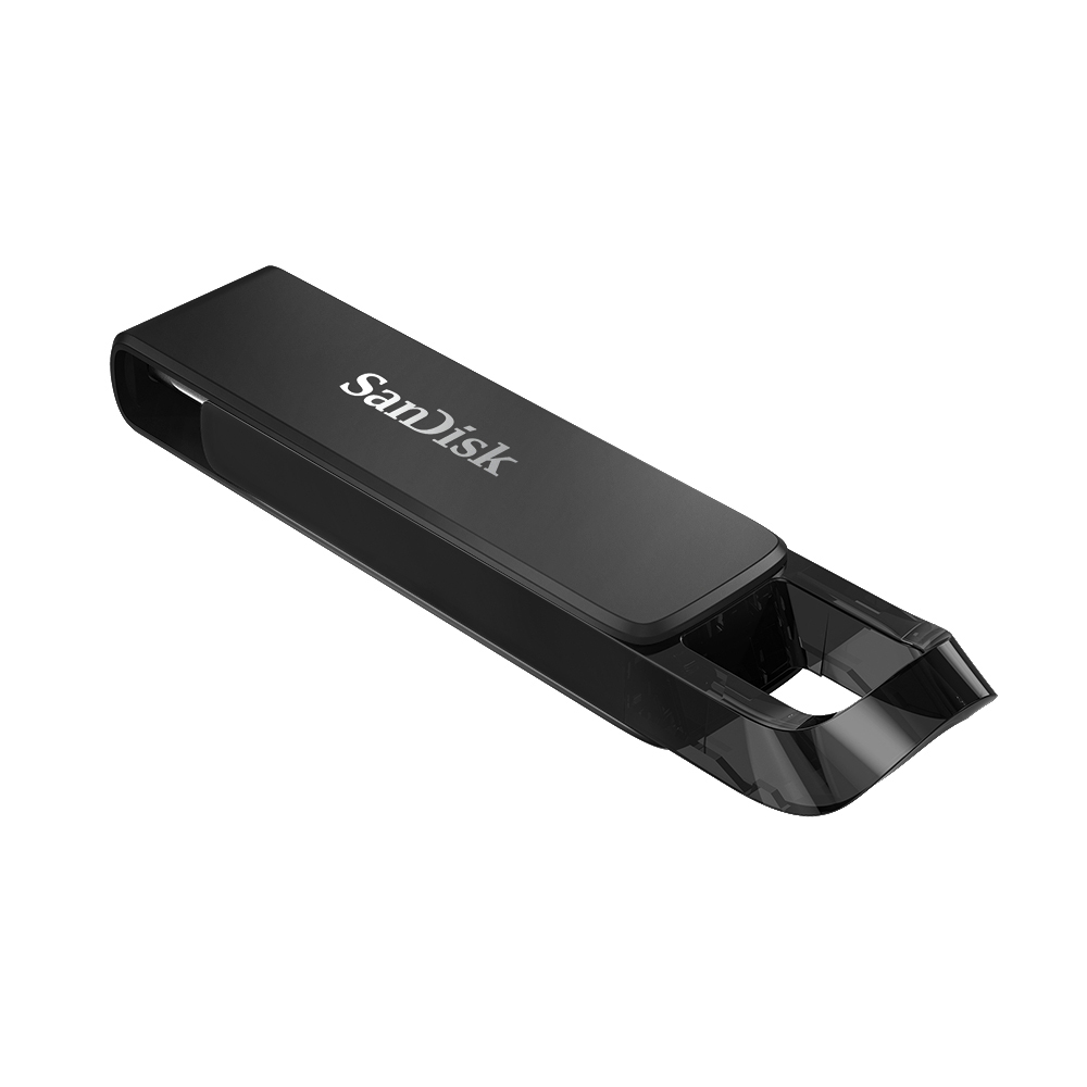 Schwarzer Sandisk USB-Stick. Der Stick ist schwarz mit dem Sandisk-Logo.