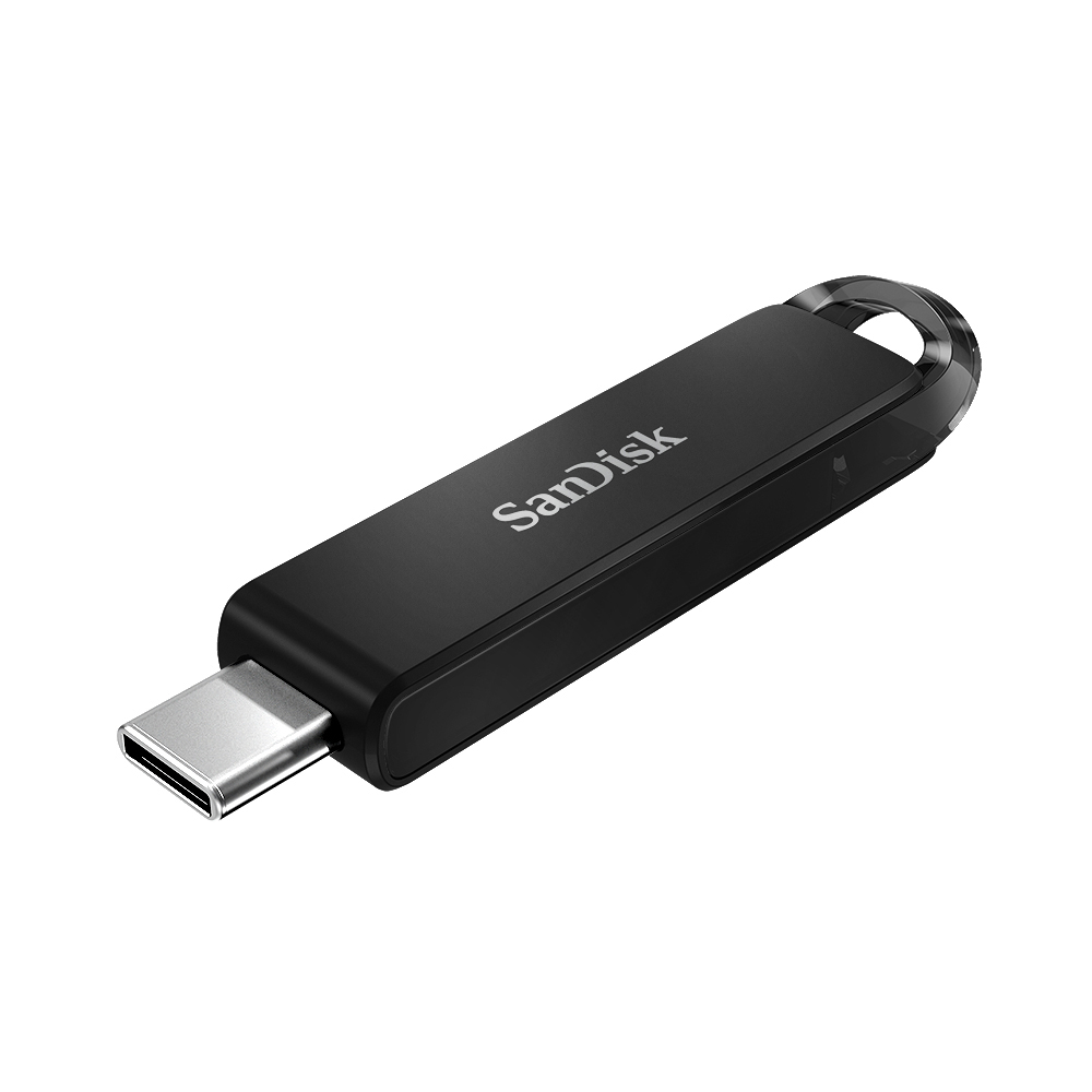 Schwarzer Sandisk USB-Stick mit USB-C-Anschluss, isoliert auf weißem Hintergrund.