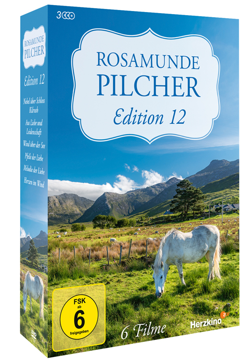 DVD-Box mit weißem Pferd, Bergen und blauem Himmel, mit dem Titel Rosamunde Pilcher.