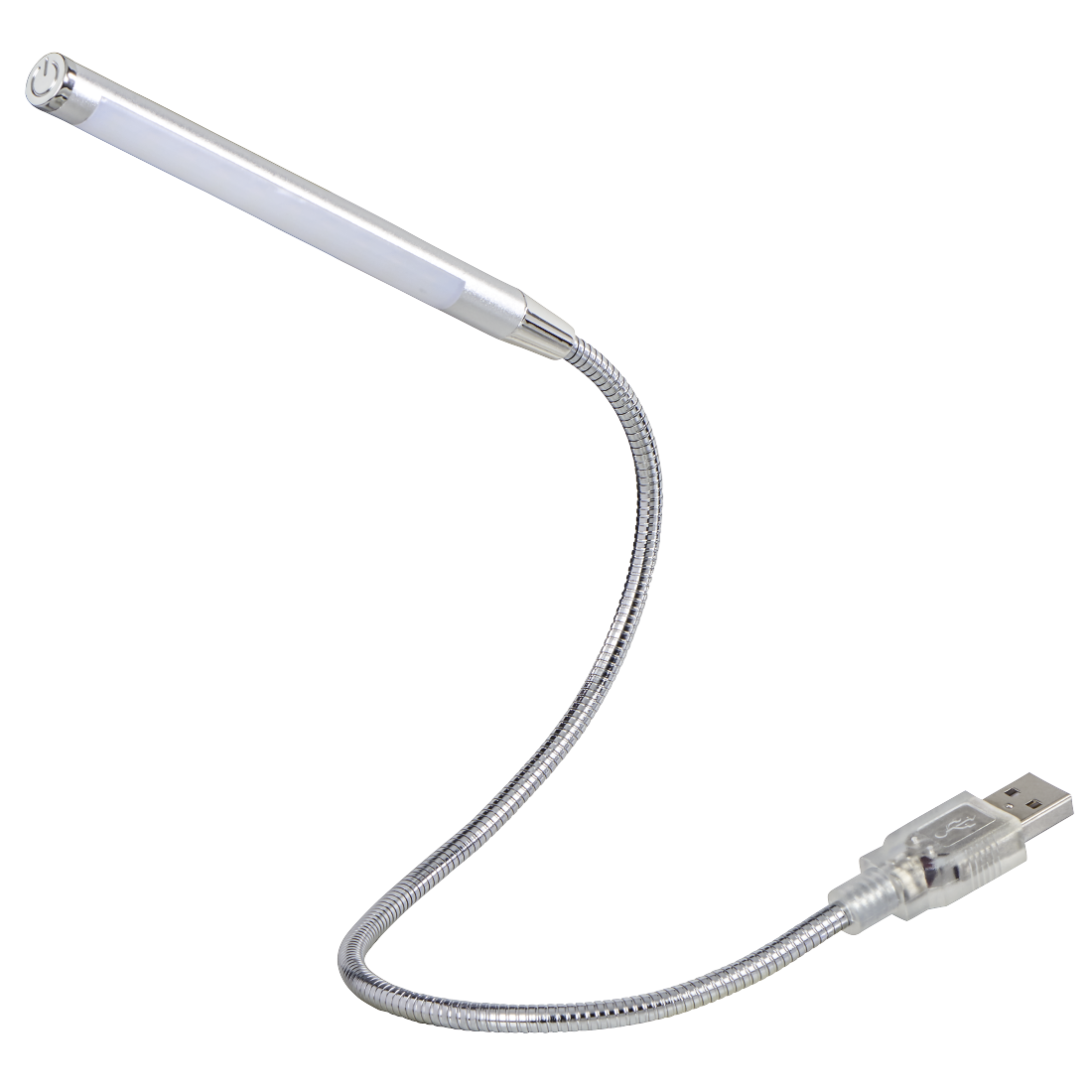 Flexibele zilveren USB LED-lamp met een doorzichtige USB-connector. Zwarte achtergrond.