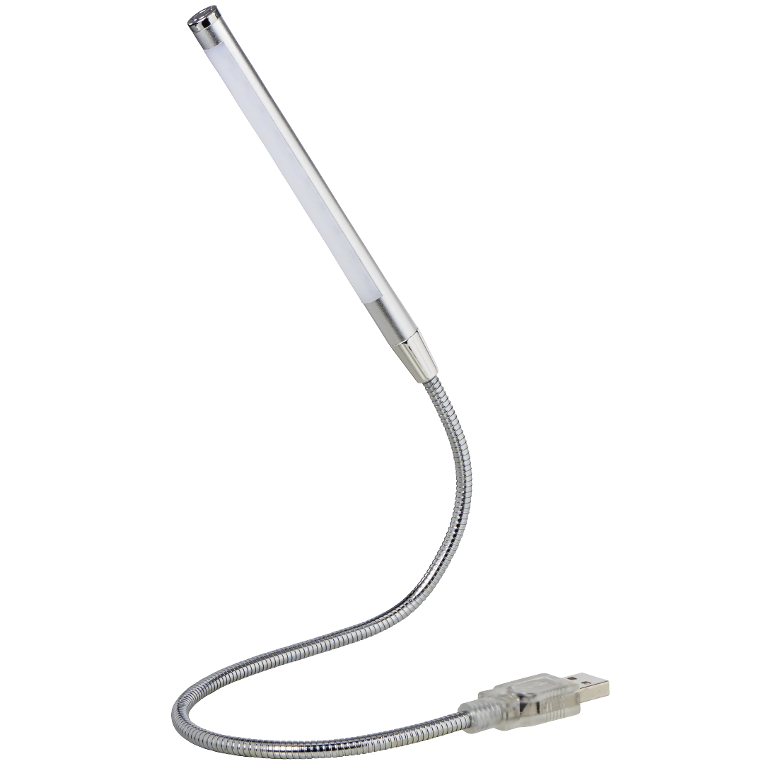 Een flexibele, zilveren USB-aangedreven LED-lamp met een witte lichtstrip, op een zwarte achtergrond.
