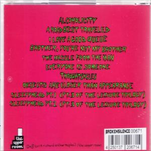 Ein CD-Cover mit pinkfarbenem Hintergrund und grünem Text, einschließlich einer Liste von Songs.