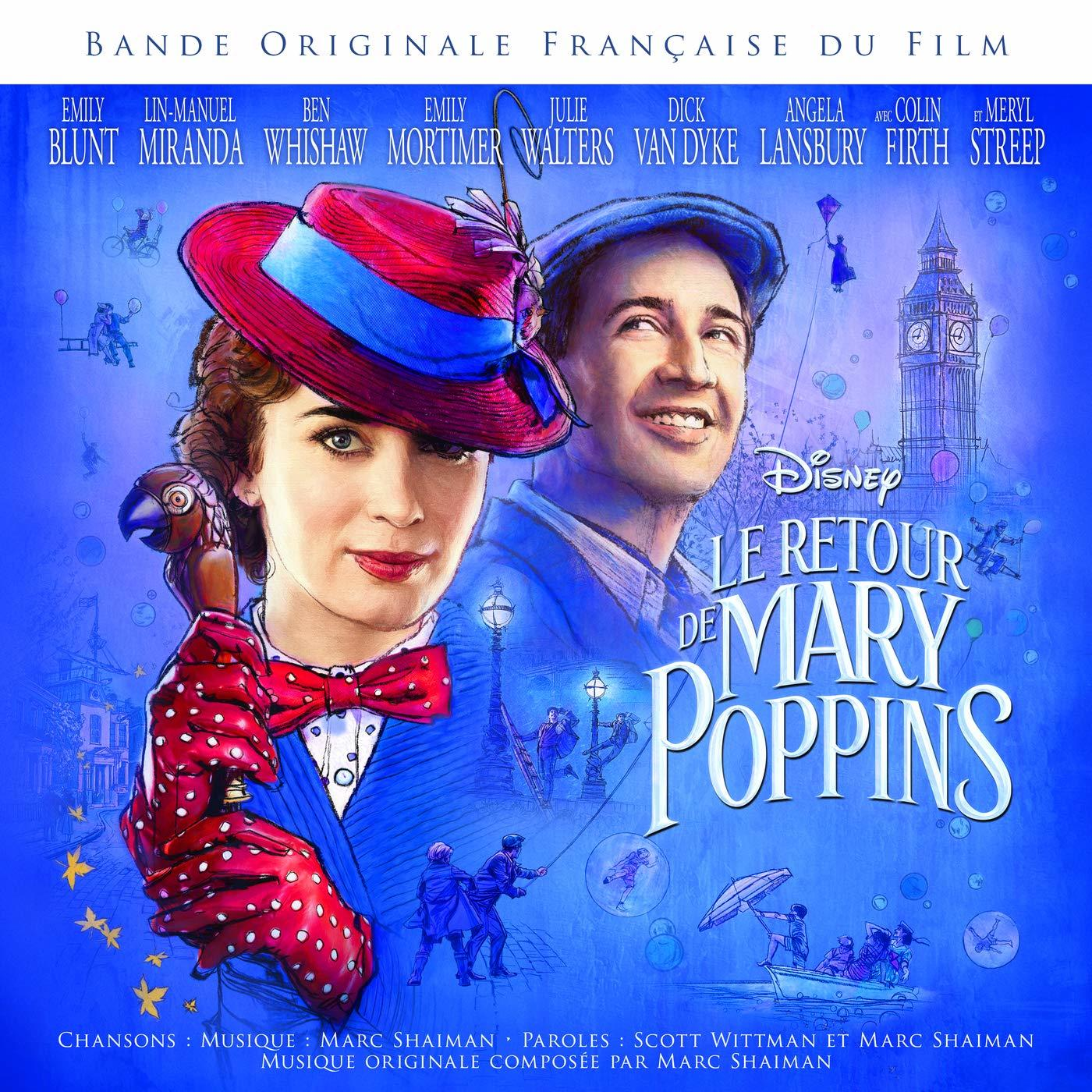 Filmposter voor 'Mary Poppins Returns' met gezichten van acteurs en stadsgezicht.