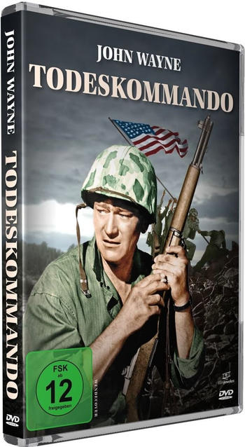 Eine DVD-Hülle zeigt John Wayne in einem Kriegsfilm mit dem Titel 'Todeskommando'.