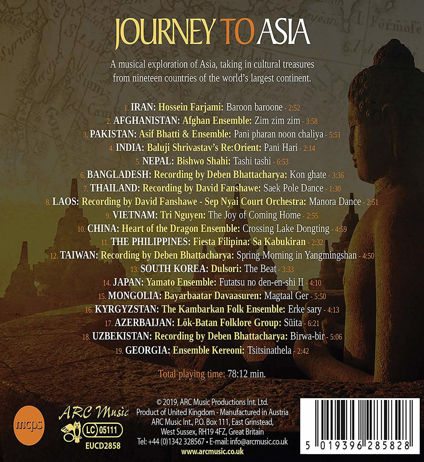 CD-Cover mit Karte und Text, der musikalische Darbietungen aus Asien auflistet.
