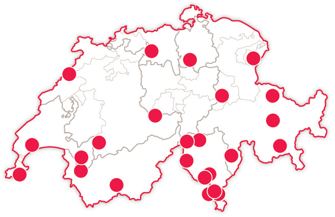 Mappa della Svizzera con cerchi rossi che segnano le posizioni.