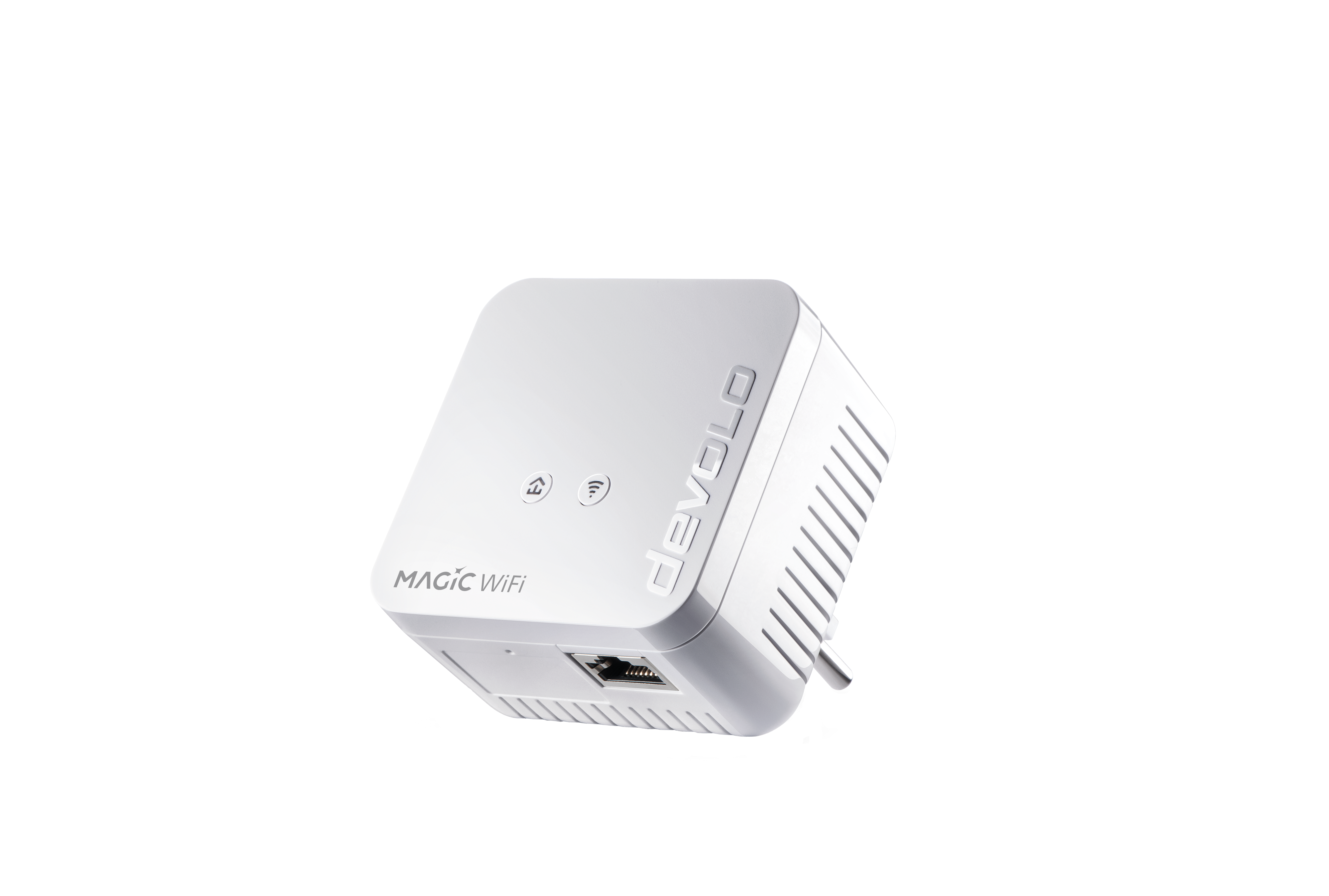 A white devolo Magic WiFi adapter is shown on a black surface.