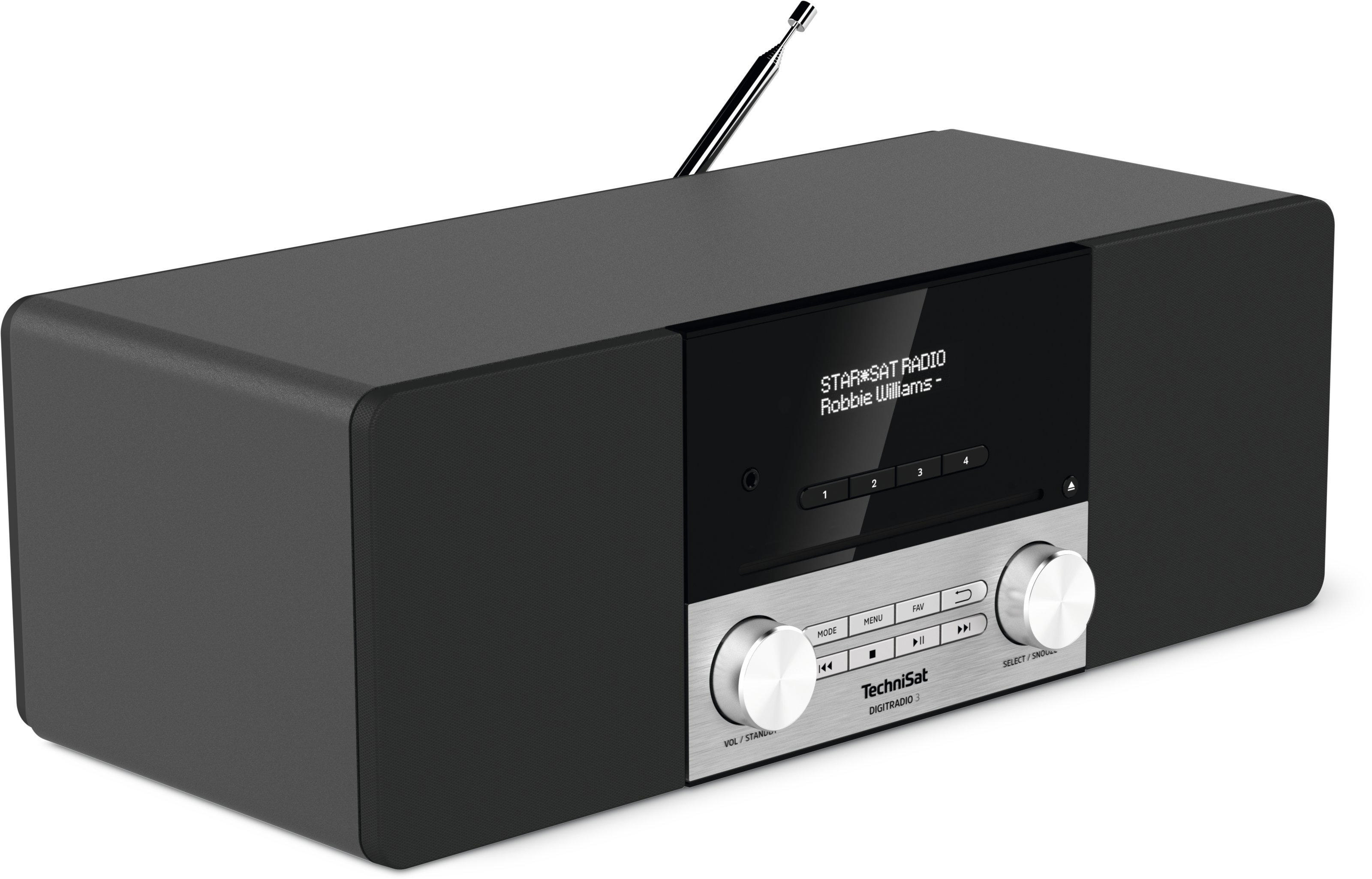 Schwarz-silbernes TechniSat-Radio mit Display, das Künstler und Songtitel anzeigt.