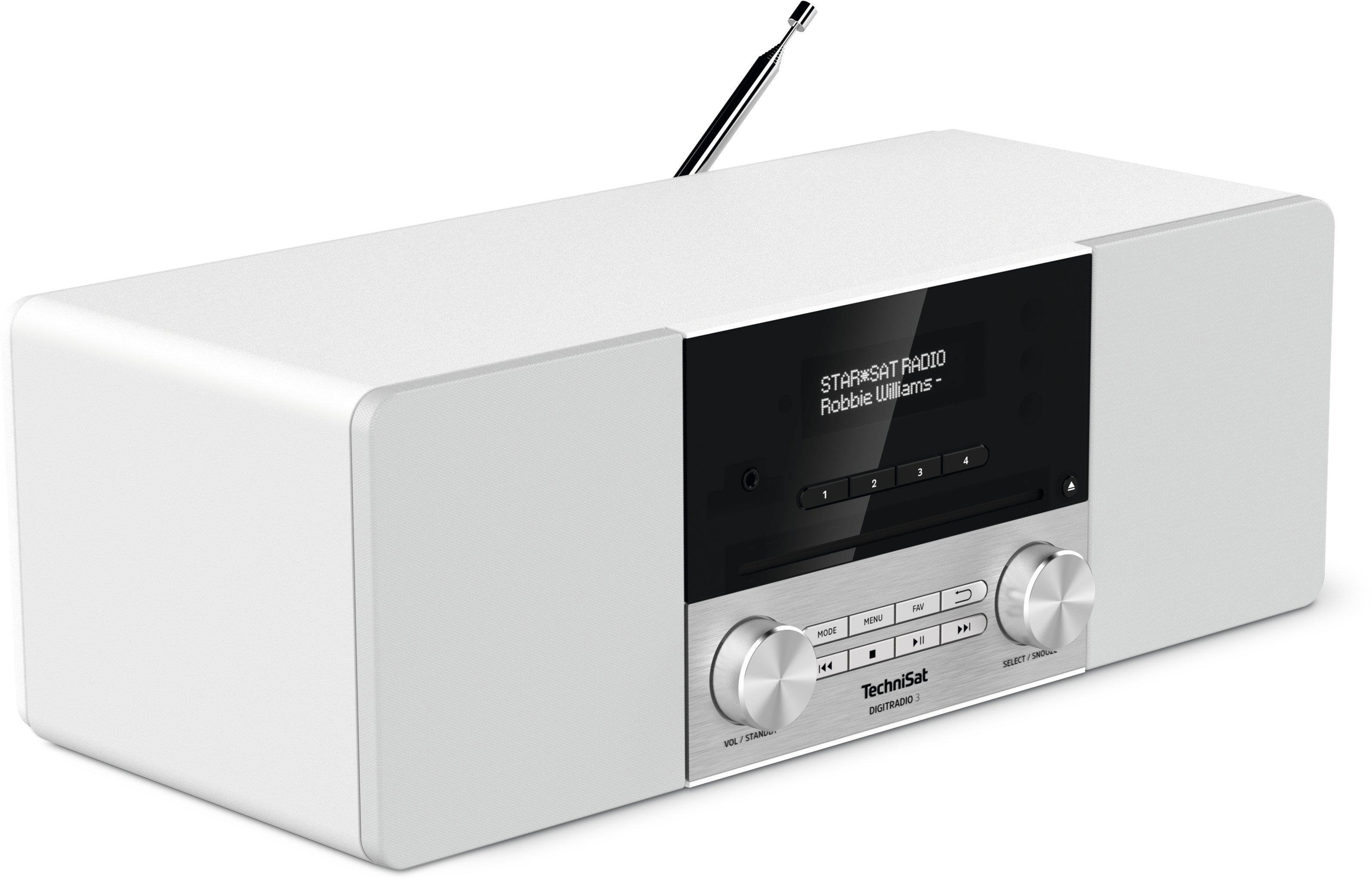 Weißes und silbernes Stereo. Der Bildschirm zeigt 'STARSAT RADIO Robbie Williams'.