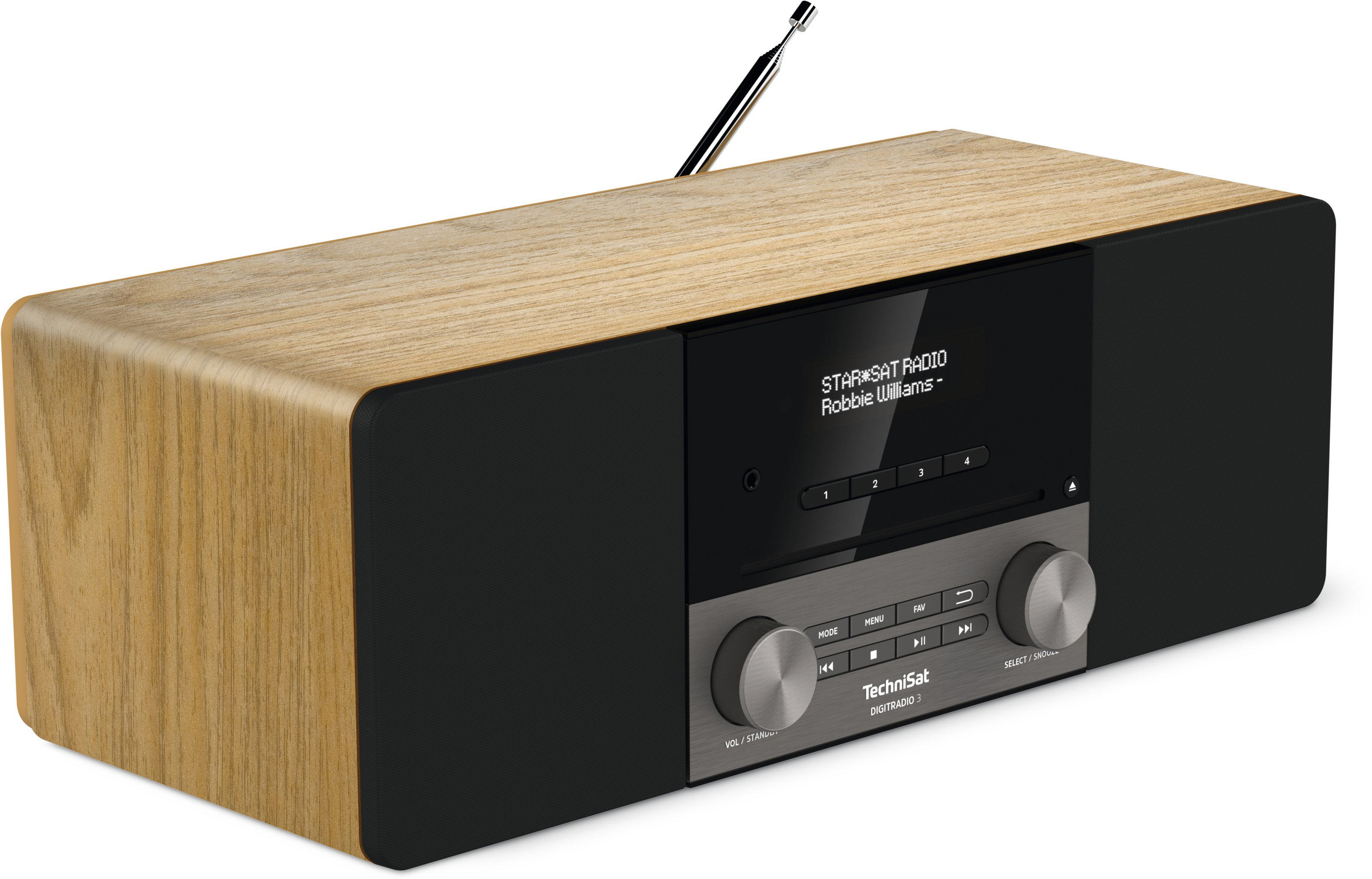 Ein Holzradio mit einem Display mit STARRSAT RADIO und Robbie Williams.