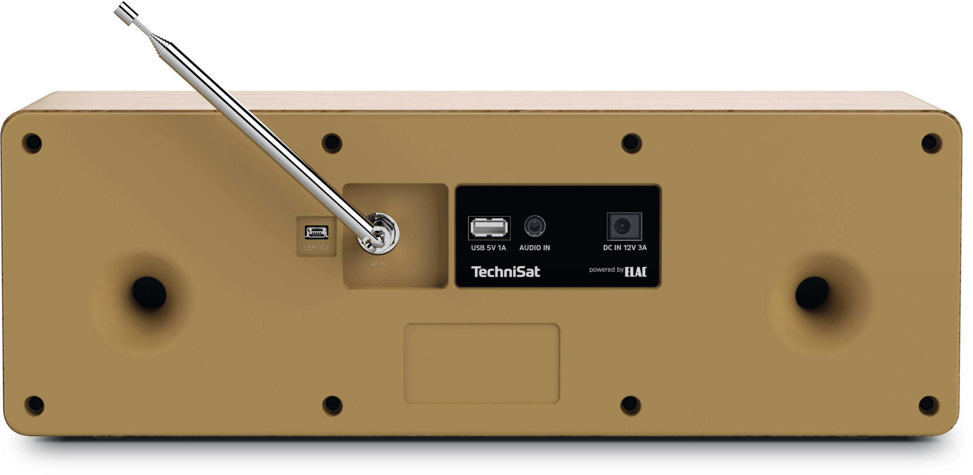 Rückansicht eines beigefarbenen Technisat-Radios mit Anschlüssen und Antenne, powered by ELAC.