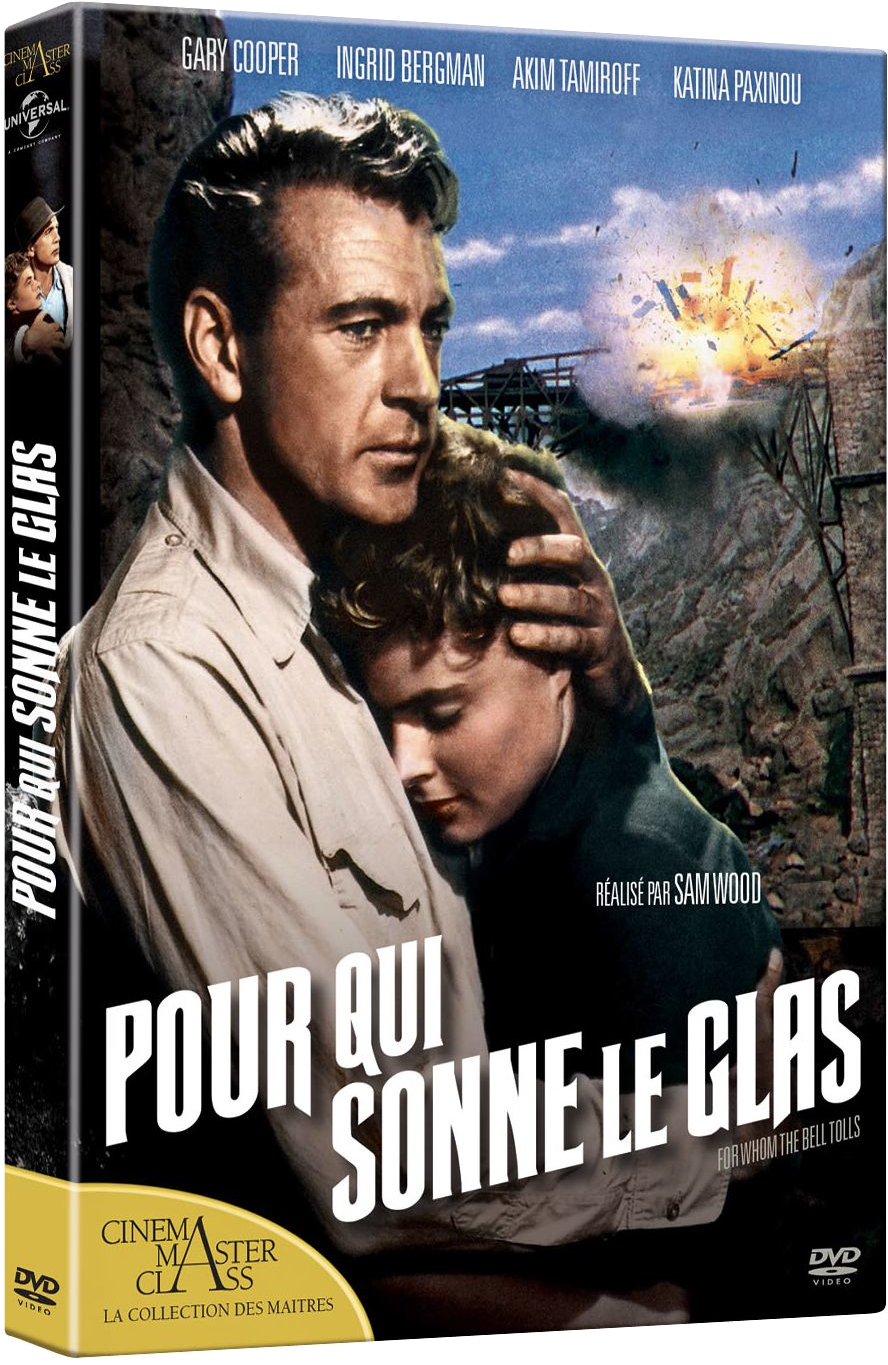 Affiche du film 'Pour qui sonne le glas'. Gary Cooper tient une femme, avec une explosion en arrière-plan.