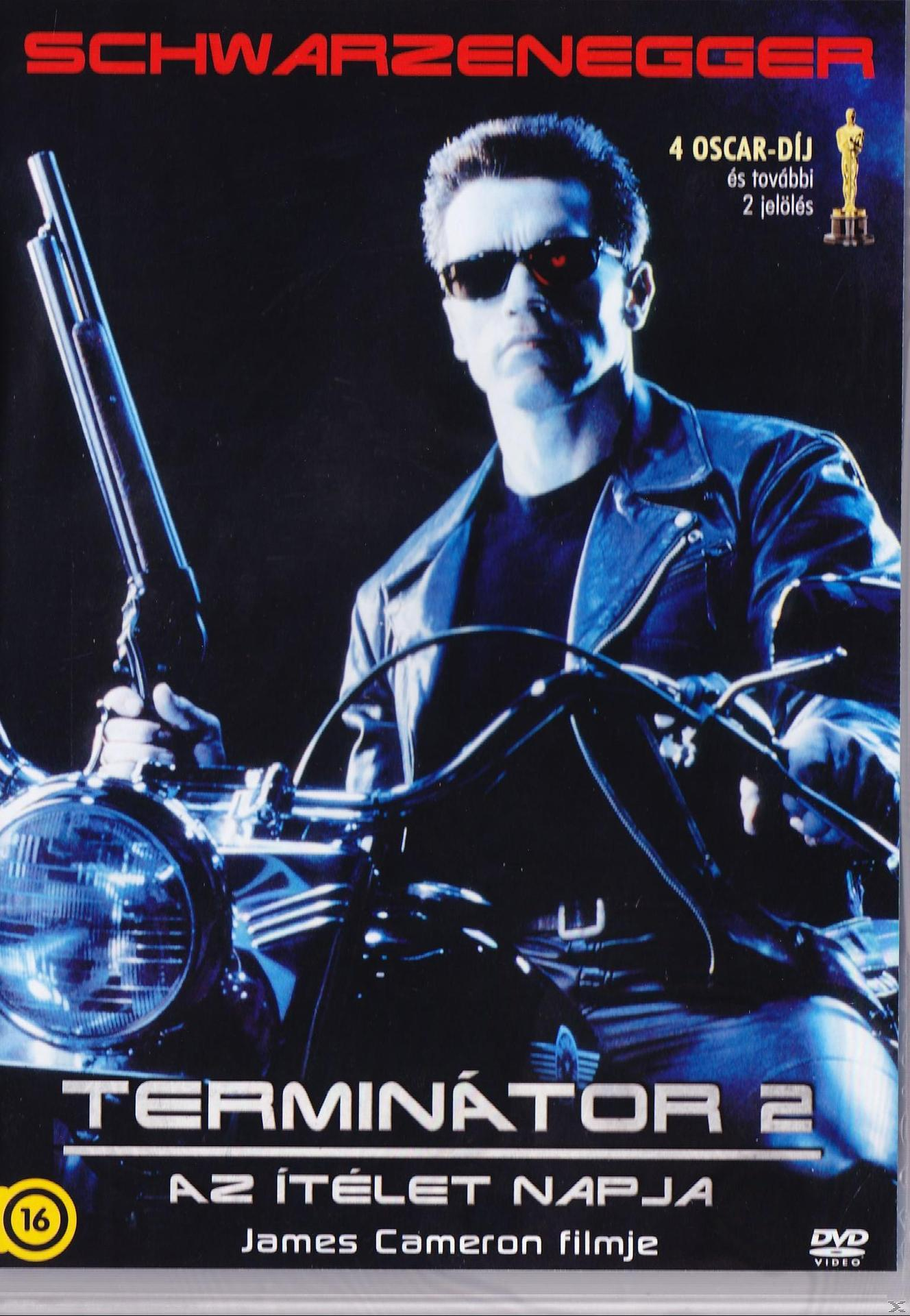 Terminator 2 DVD borító Schwarzeneggerrel, aki fegyvert tart egy motorkerékpáron.