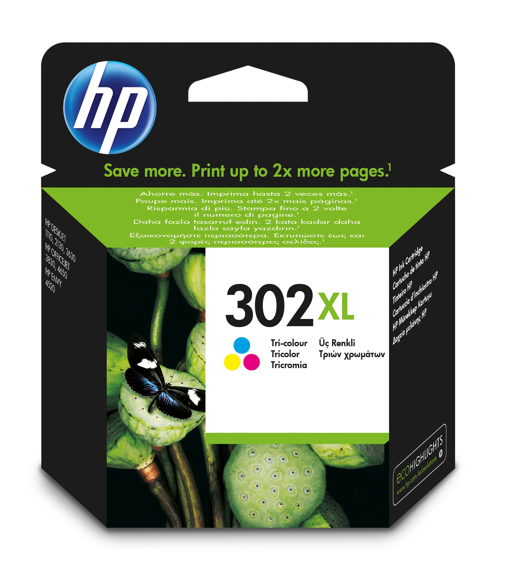 HP 302XL Tintenpatronen-Verpackung mit bunten Tintentröpfchen und Schmetterling.