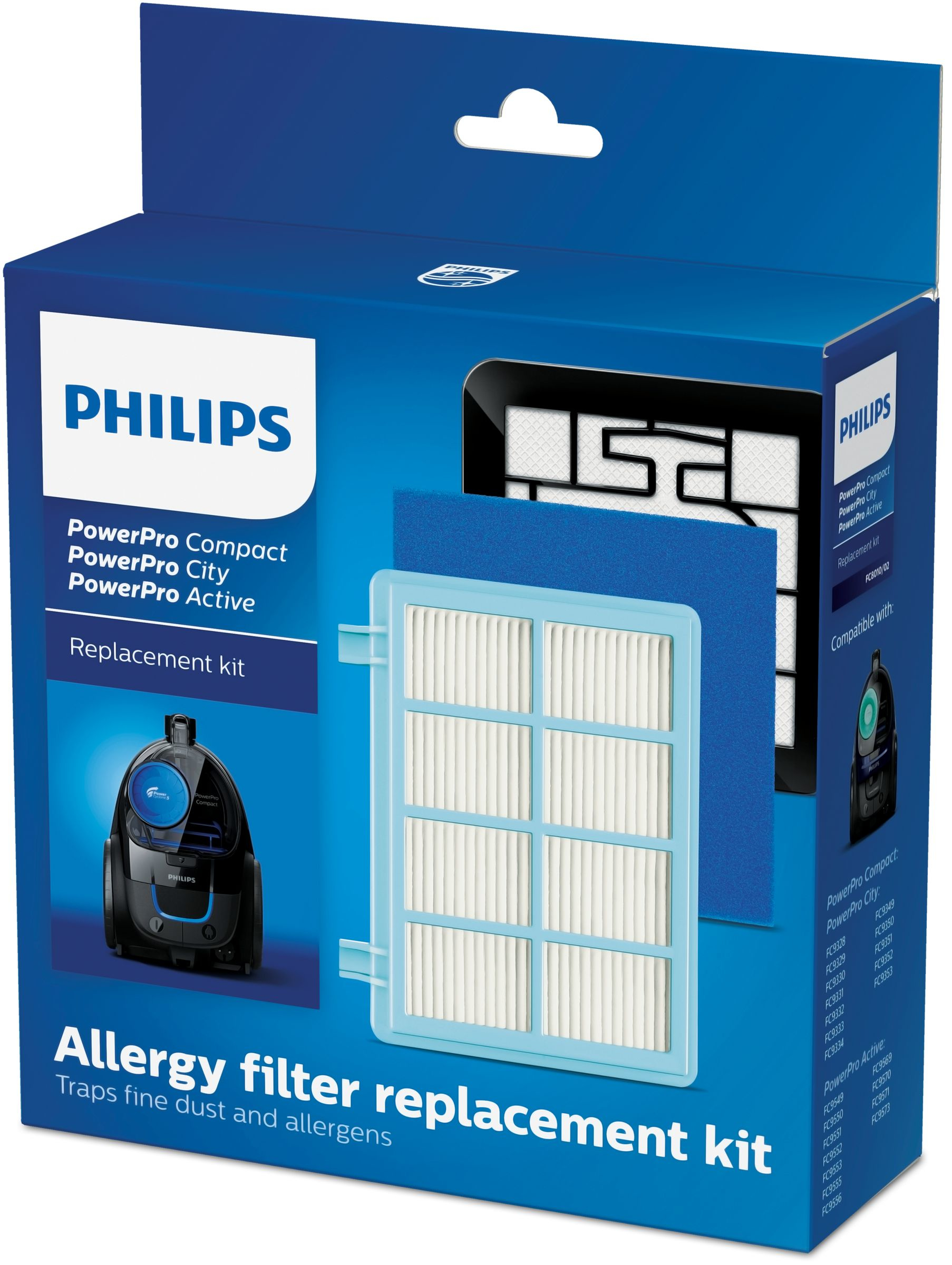Blauer Philips Staubsauger-Filter-Ersatzteil-Kit-Karton.