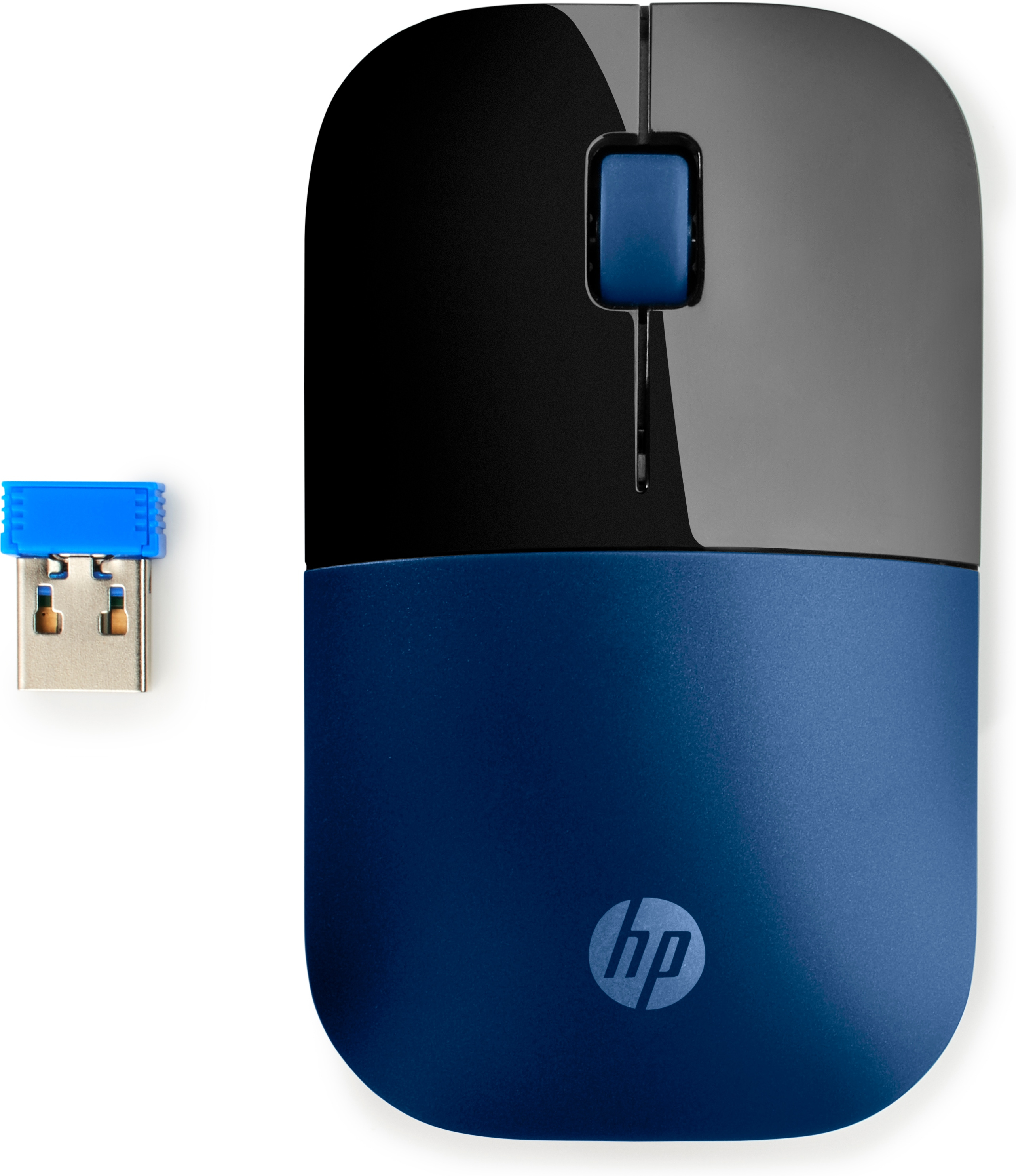 Un ratón HP azul y negro con un dongle USB sobre fondo blanco.