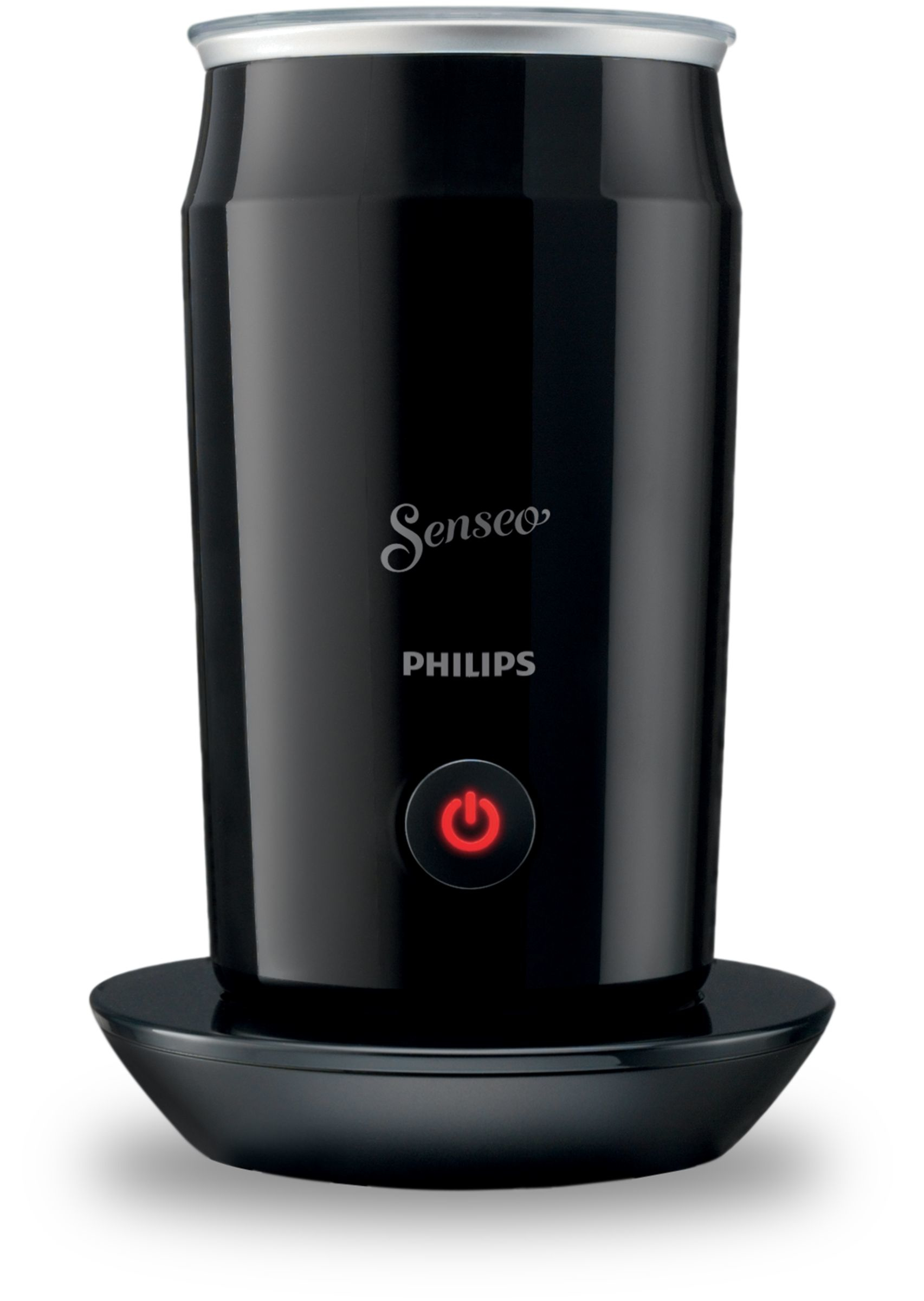 Ein schwarzer Philips Milchaufschäumer. Zylindrisch, roter Power-Knopf und die Marke Senseo.