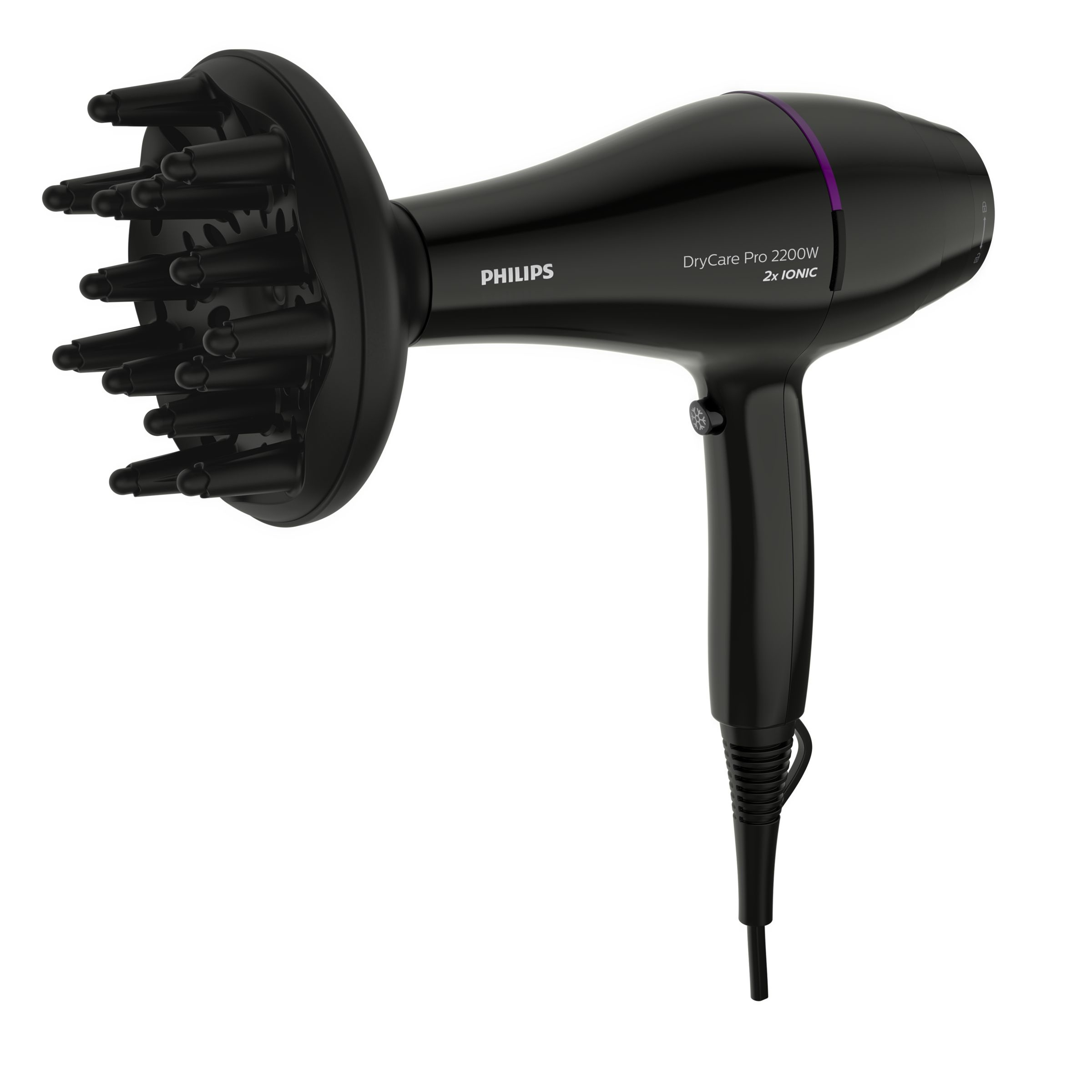 Schwarzer Philips Haartrockner mit Diffusoraufsatz.